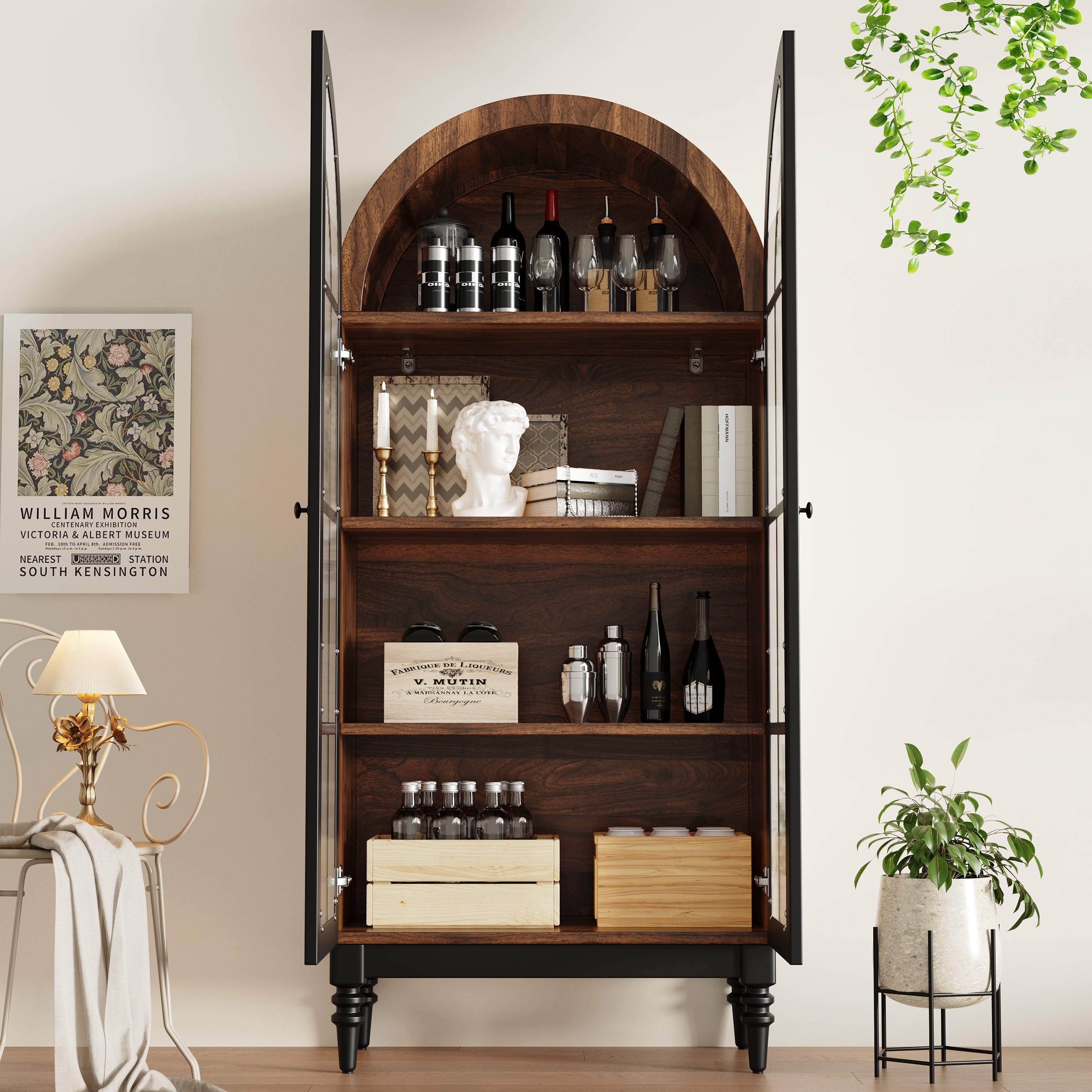 Tall Arched Storage Cabinet with Glass Doors and Wood Grain Finish
