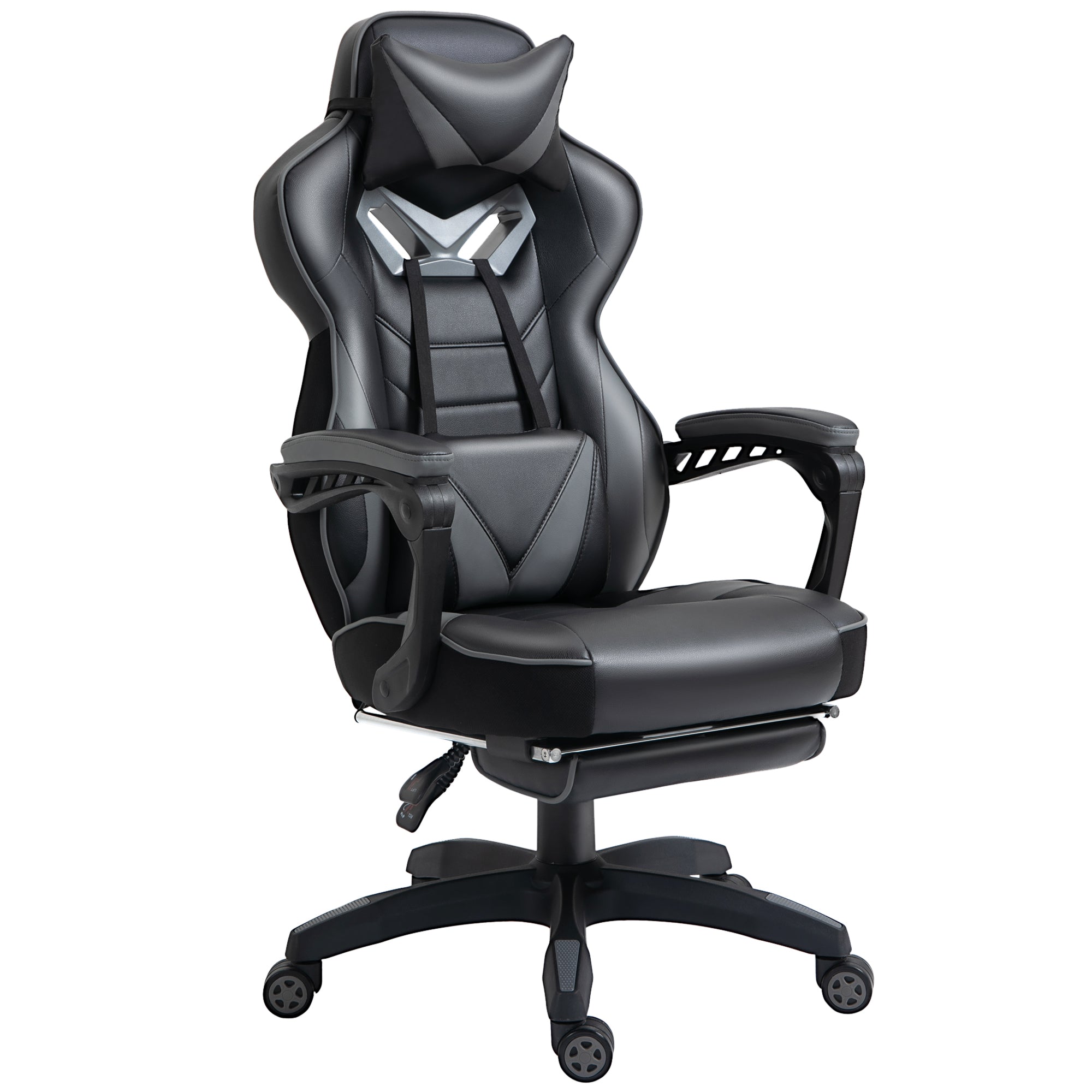 Computer Gaming Chair, Racing Style Lumbar Support Footrest Headrest Swivel Wheels, PU Leather Grey