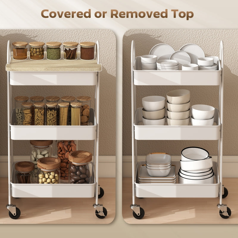 3-Tier Kitchen Storage Trolley, On Wheels Covered Top Board, White and Oak