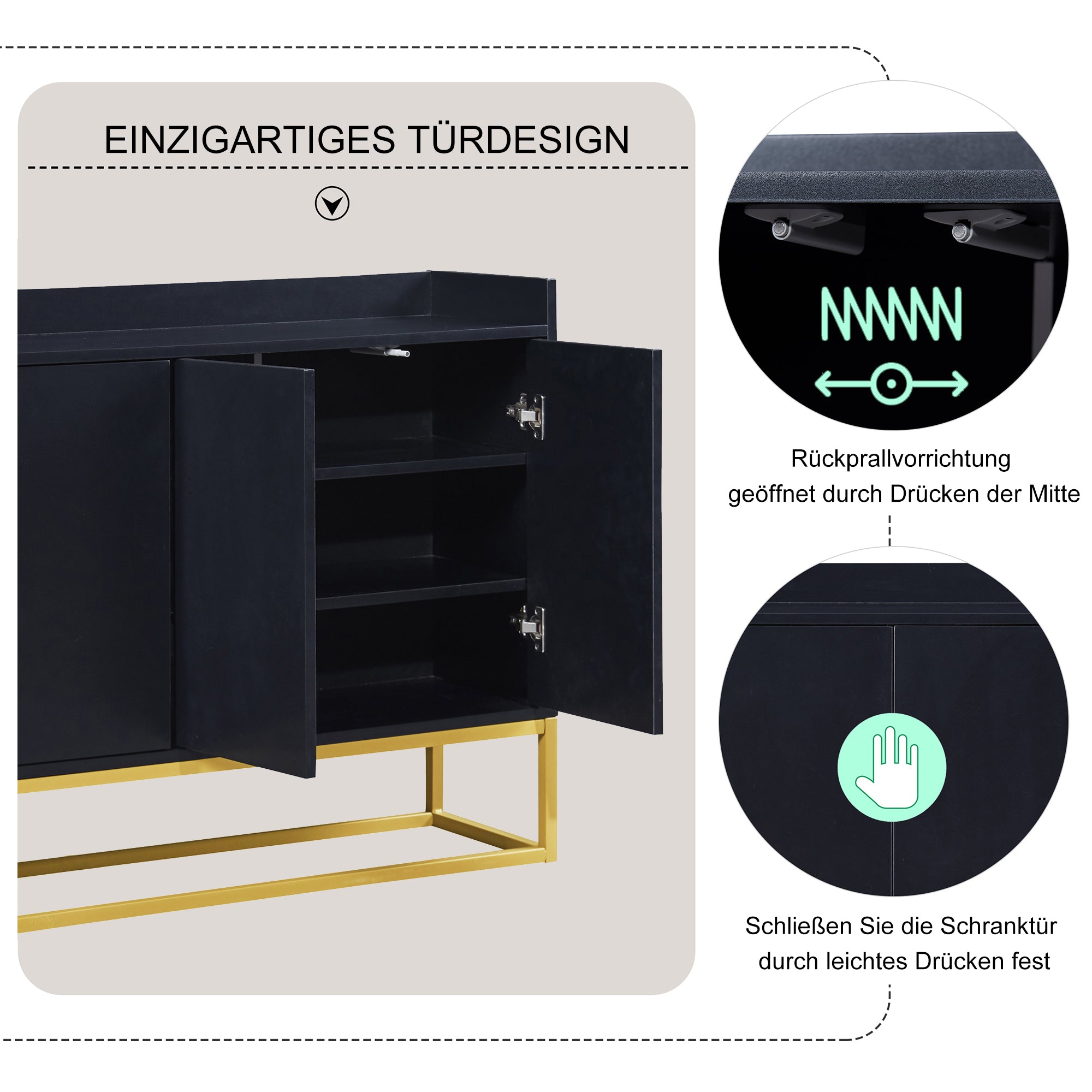 Sideboard, Minimalist 4-Door Handleless Buffet, Black