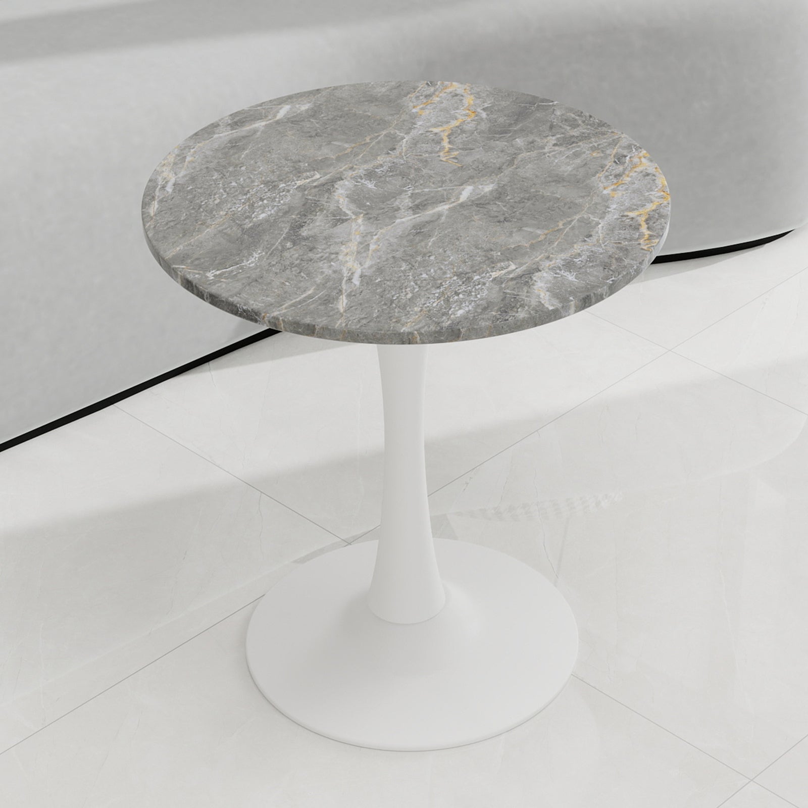Coffee Table 27.6-inch Round Marble Top Mid-Century Modern - White/Gray Veined Finish