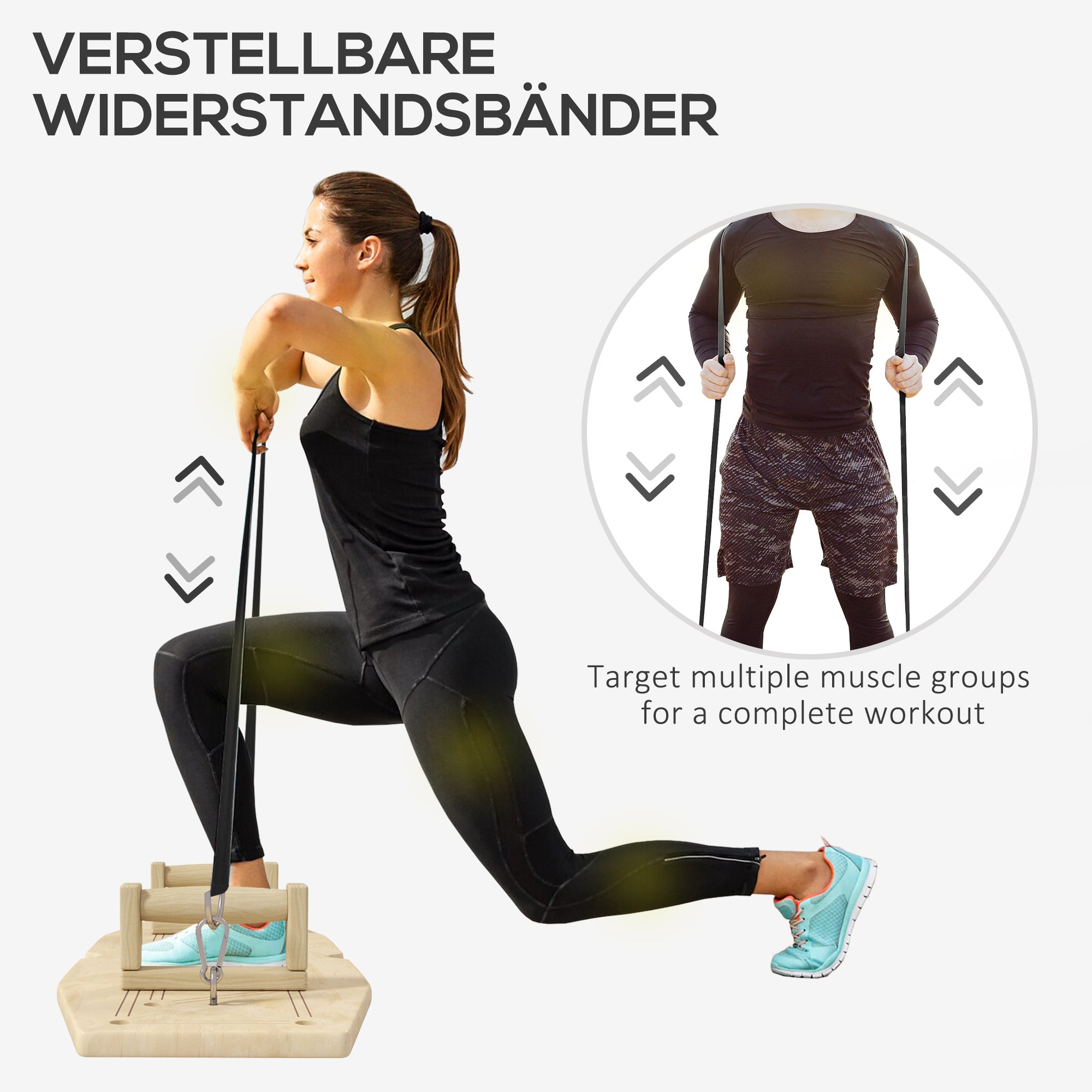 Wooden Push-Up Bars 8-Hole Fitness Parallettes Resistance Bands, Natural