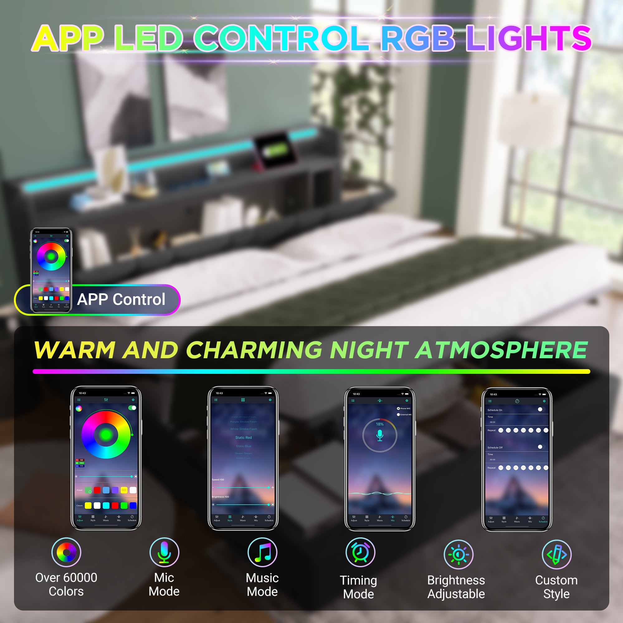 Upholstered Double Bed with USB Charging, LED Lighting & Storage Headboard, Wooden Slatted Frame, Grey