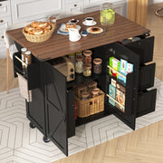 Kitchen Island Trolley with Pull-out Worktop, 2 Doors, 3 Drawers, Wood Grain Black