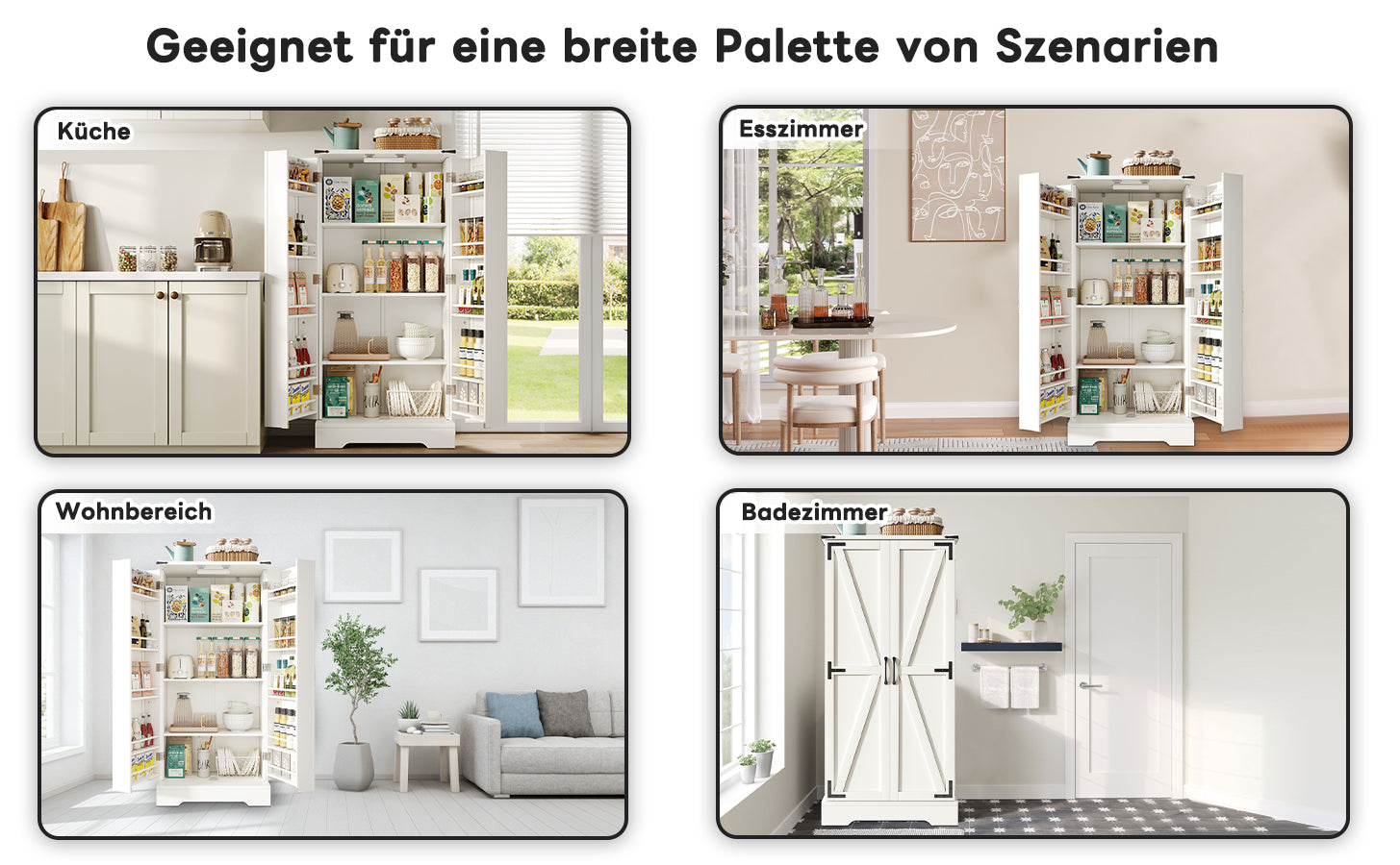 Pantry Cabinet 128.5cm Farmhouse LED 2 Doors Adjustable Shelves - White