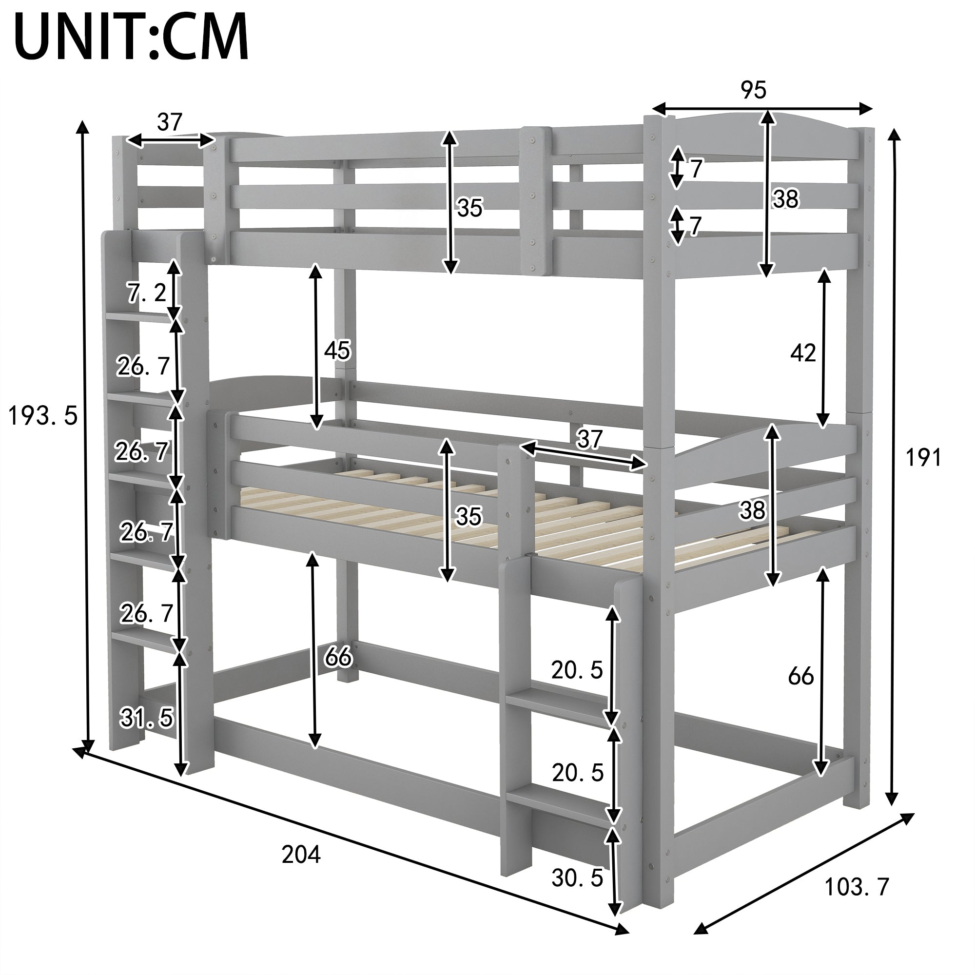 Bunk Bed 90x200cm Single Wooden Triple for Children, Grey