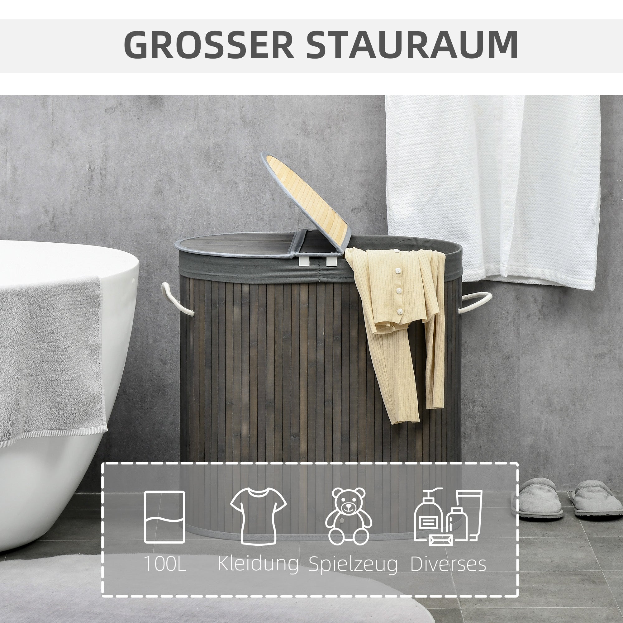 Bamboo Laundry Basket, 100L with 2 Removable Bags, Gray