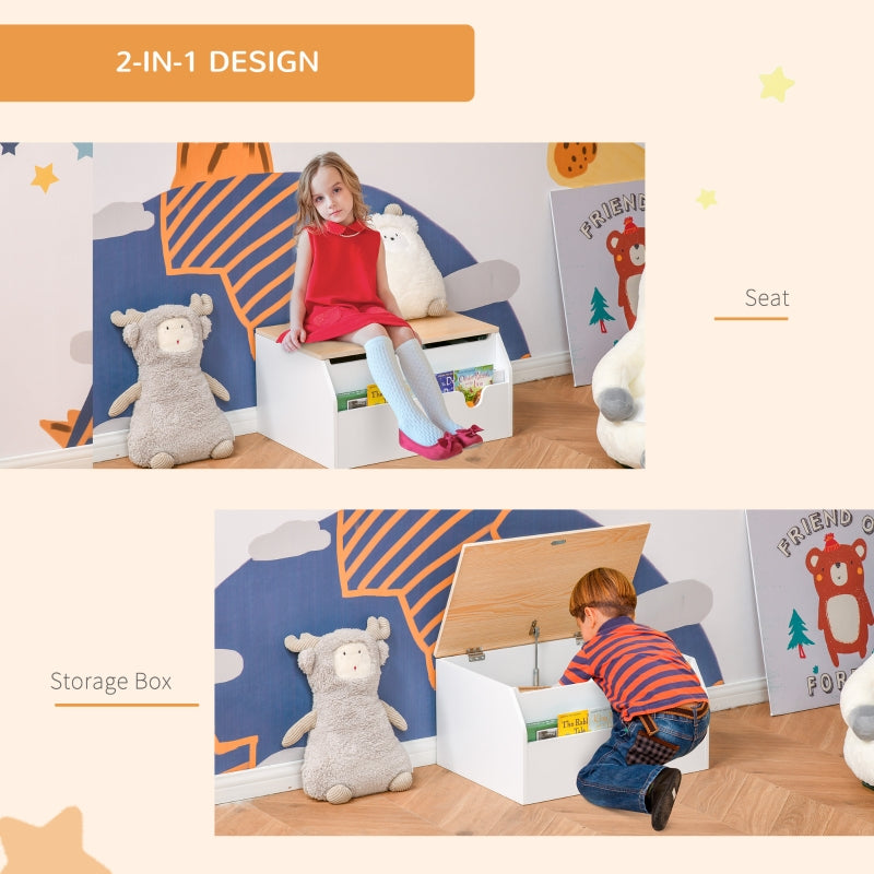 Wooden Kids Toy Box Storage Chest Organiser with Book Slot & Safety Hinge, White Engineered Wood