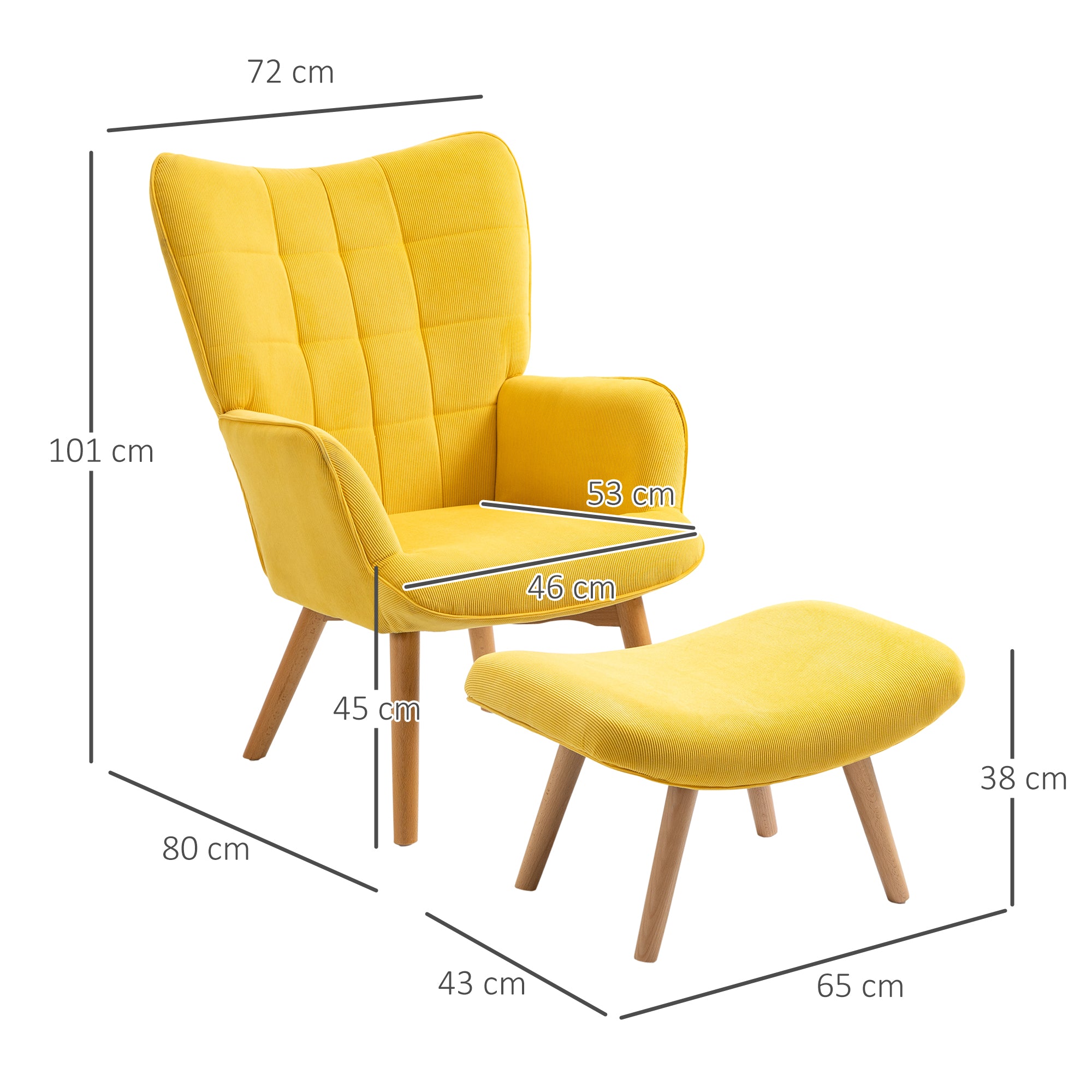 Relaxing Armchair Wing Chair with Footstool Wooden Legs, Corduroy Yellow