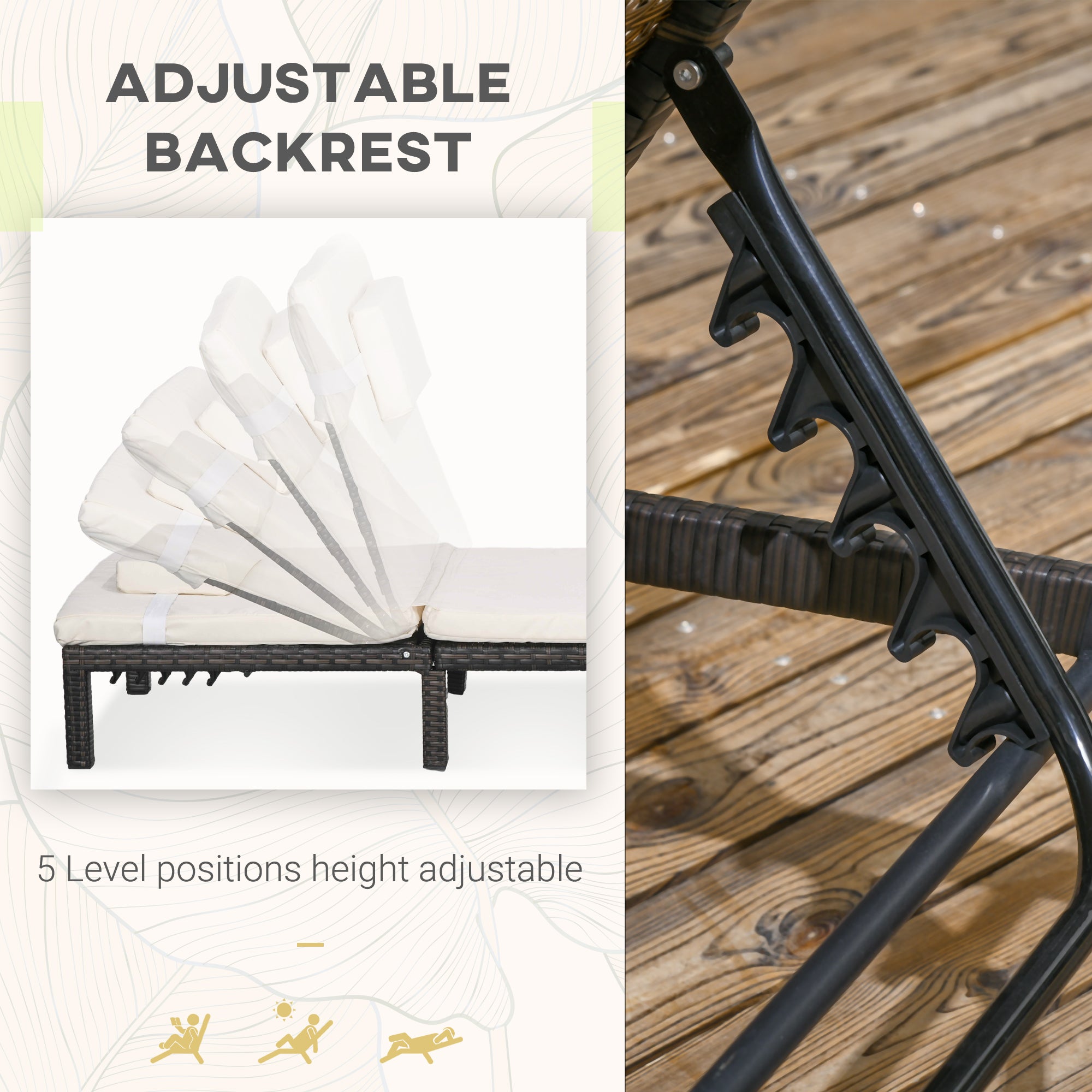 Set of Two Reclining Sun Loungers with Cushions, Rattan, Brown/Cream