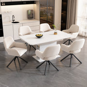 Dining Room Set with Extendable Table, 6 Velvet Chairs and Storage, White