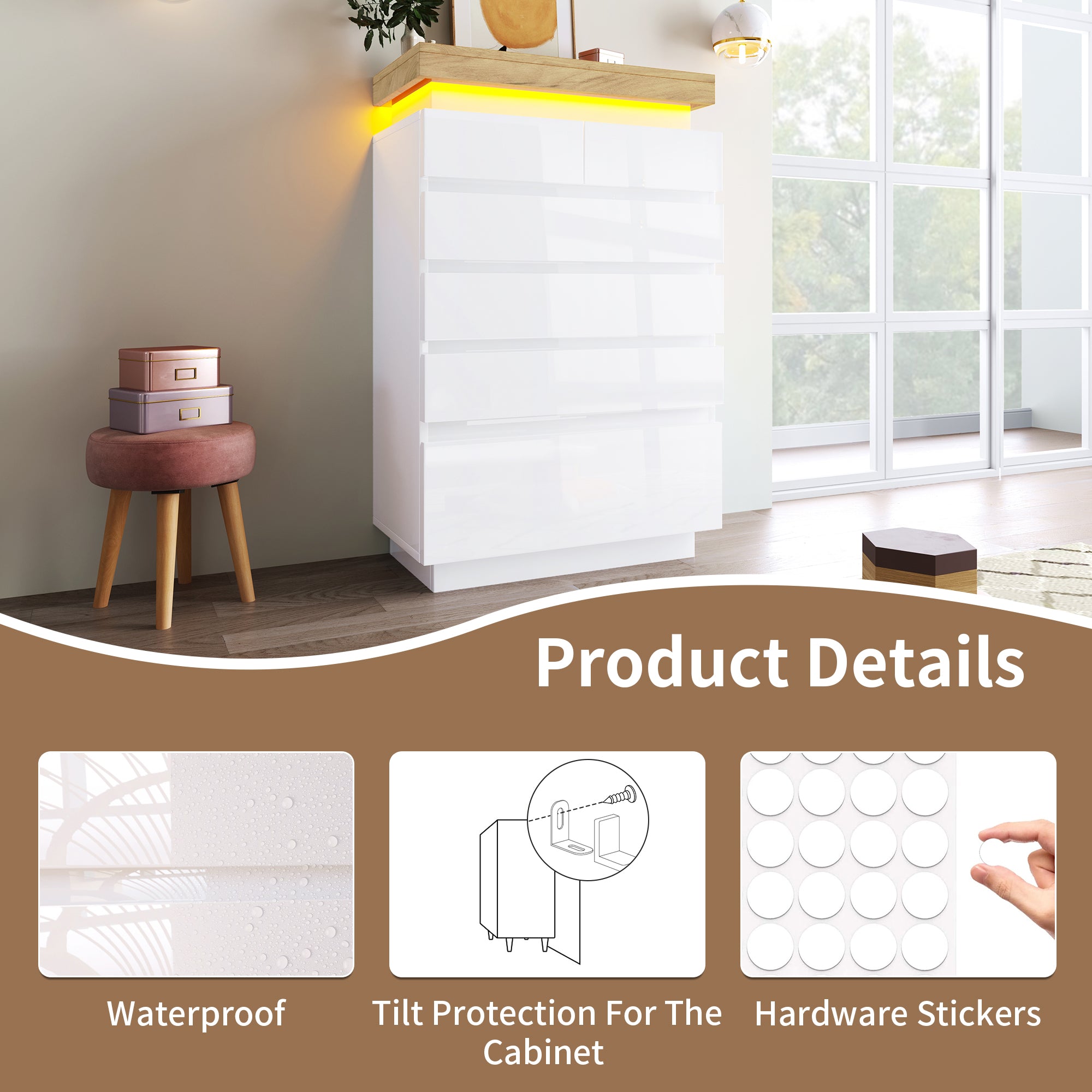 Chest of Drawers with 6 Drawers, High-Gloss Sideboard Cabinet, RGB LED (App-Controlled) Storage, Multi-purpose for Living Room & Bedroom, White