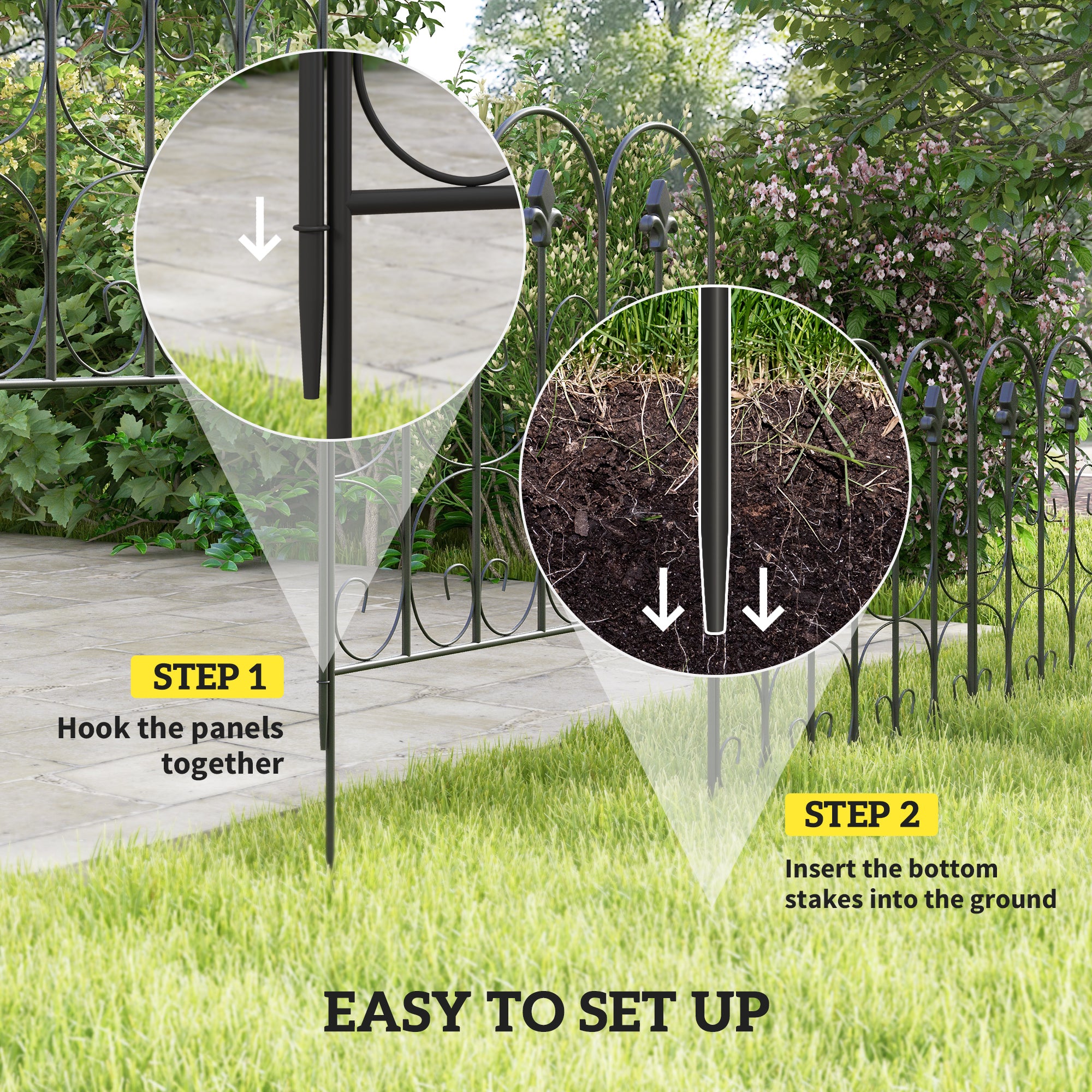 Decorative Garden Fencing, 5PC 83cm x 3m Picket Fence Panels, Black Metal Wire