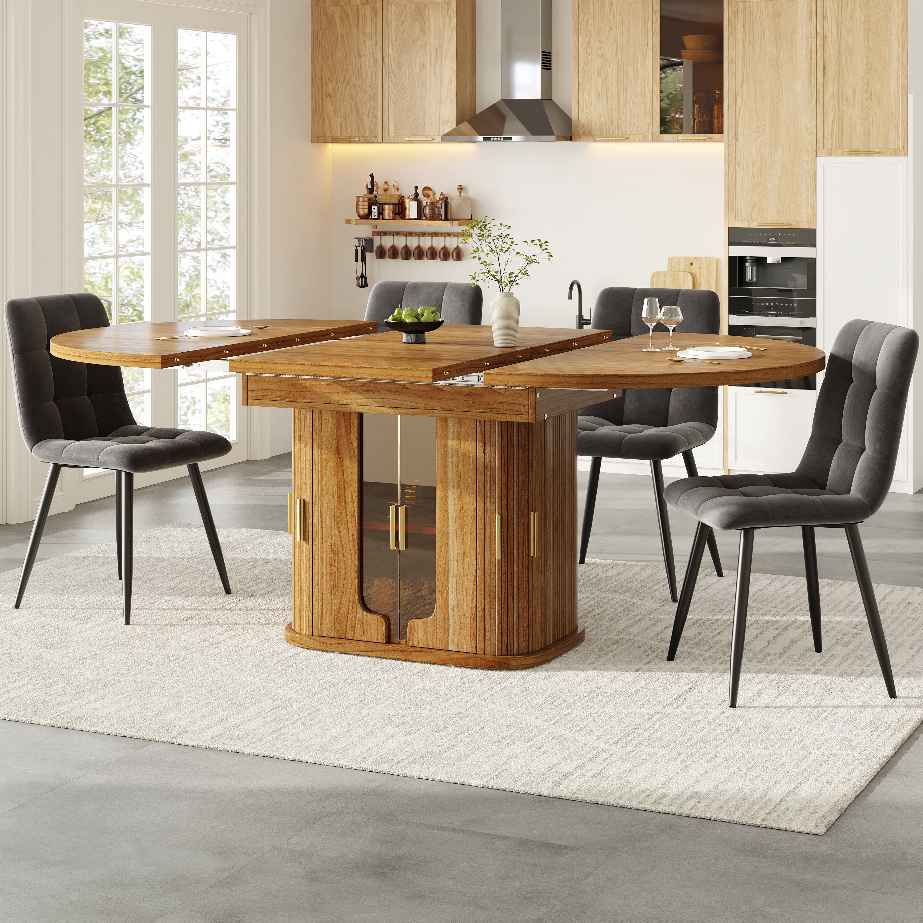 Extendable Round Dining Table, Oval 118-158 cm Seats up to 6 with Glass Doors, Walnut