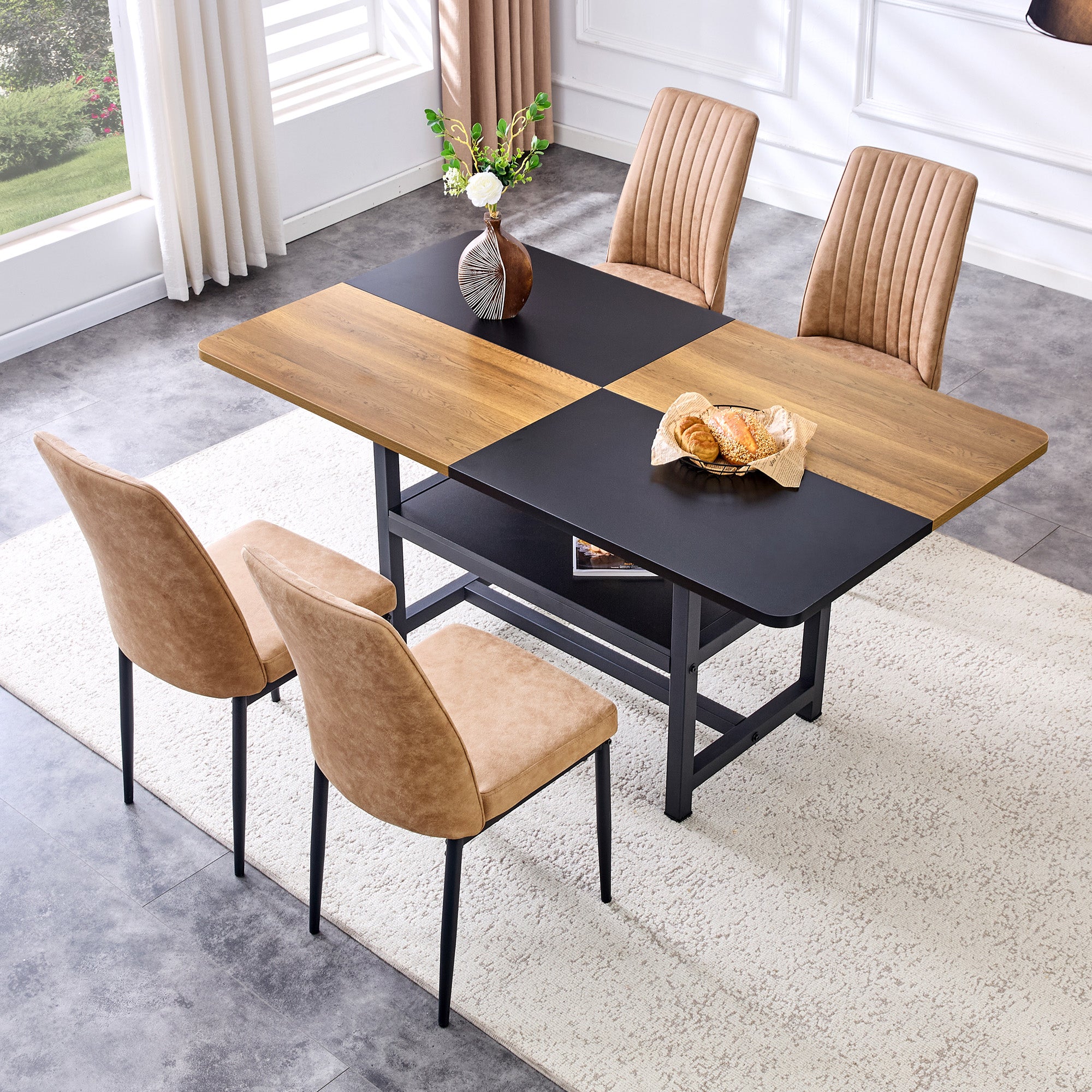 Dining Table Set, Modern Minimalist 85cm Glass Table & 4 Chairs, Brown High-Tech Fabric