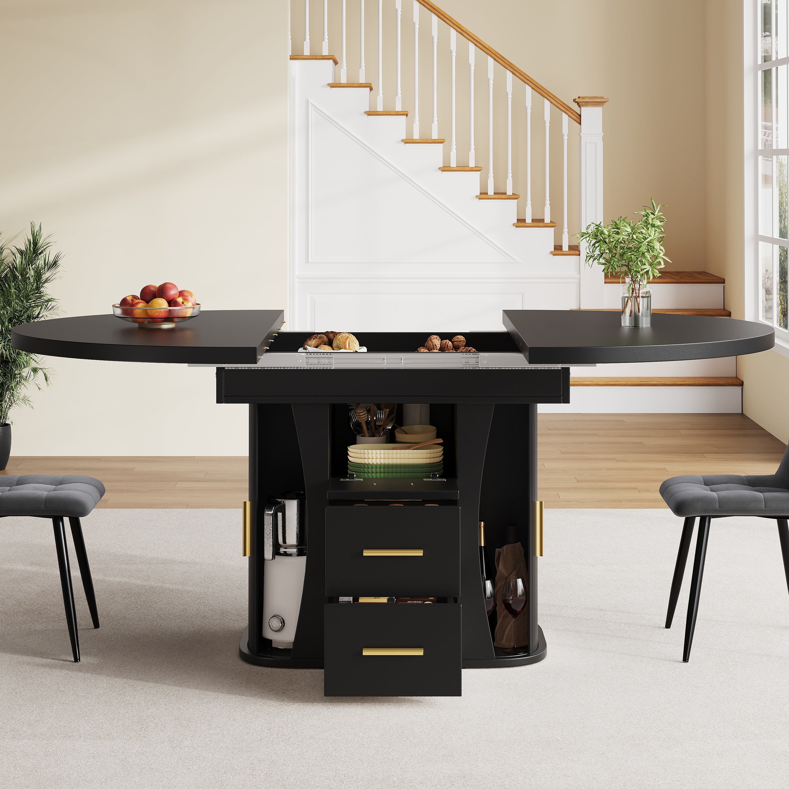 Extendable Round Dining Table, Seats 6 People with Three-tier Storage, Black