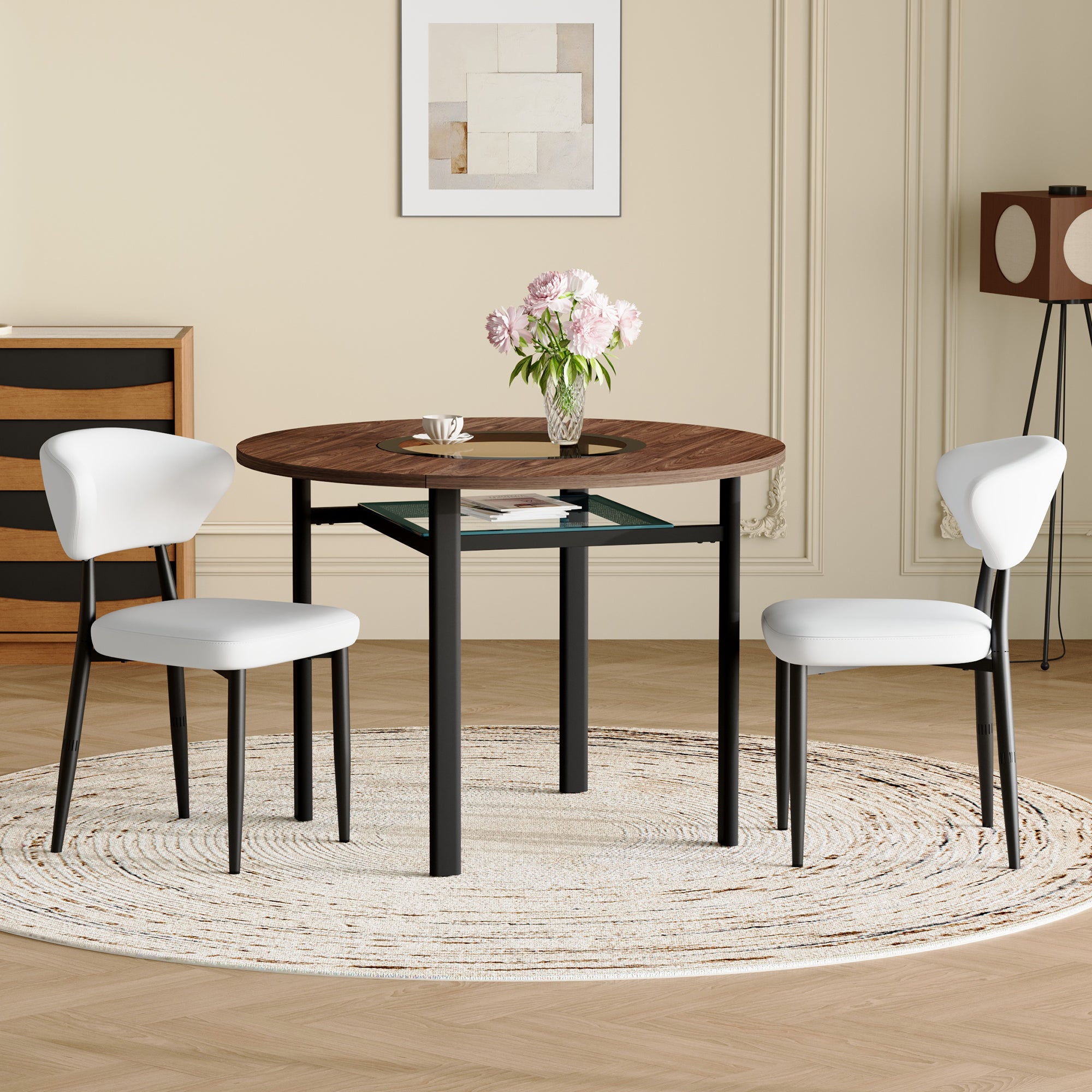 Modern Minimalist Round Table Set, 100cm Diameter, Wood Look & White PU