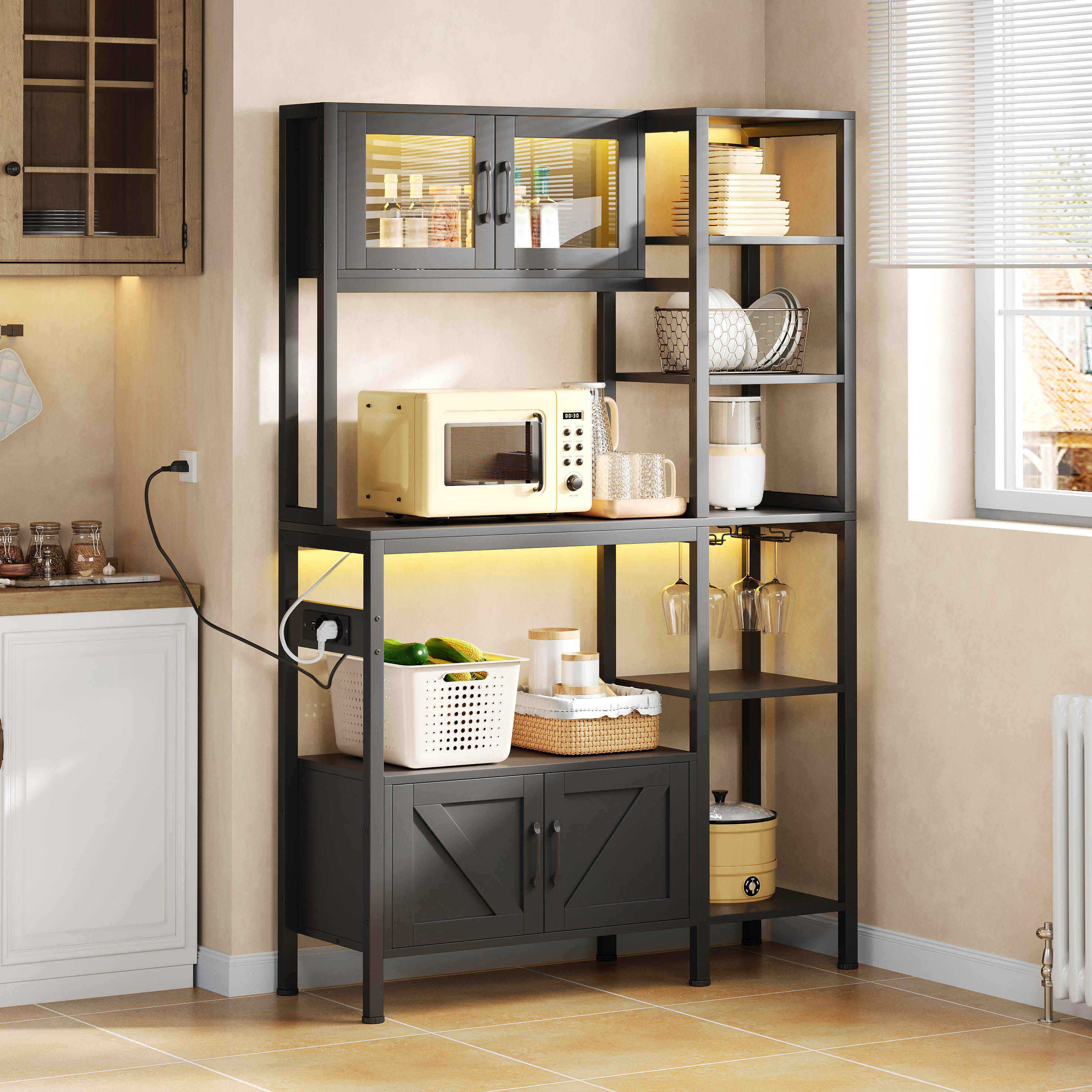 Kitchen Baker's Rack with Power Outlet and LED Lights, Microwave Shelf and Wine Glass Holder, Particle Board and Stainless Steel