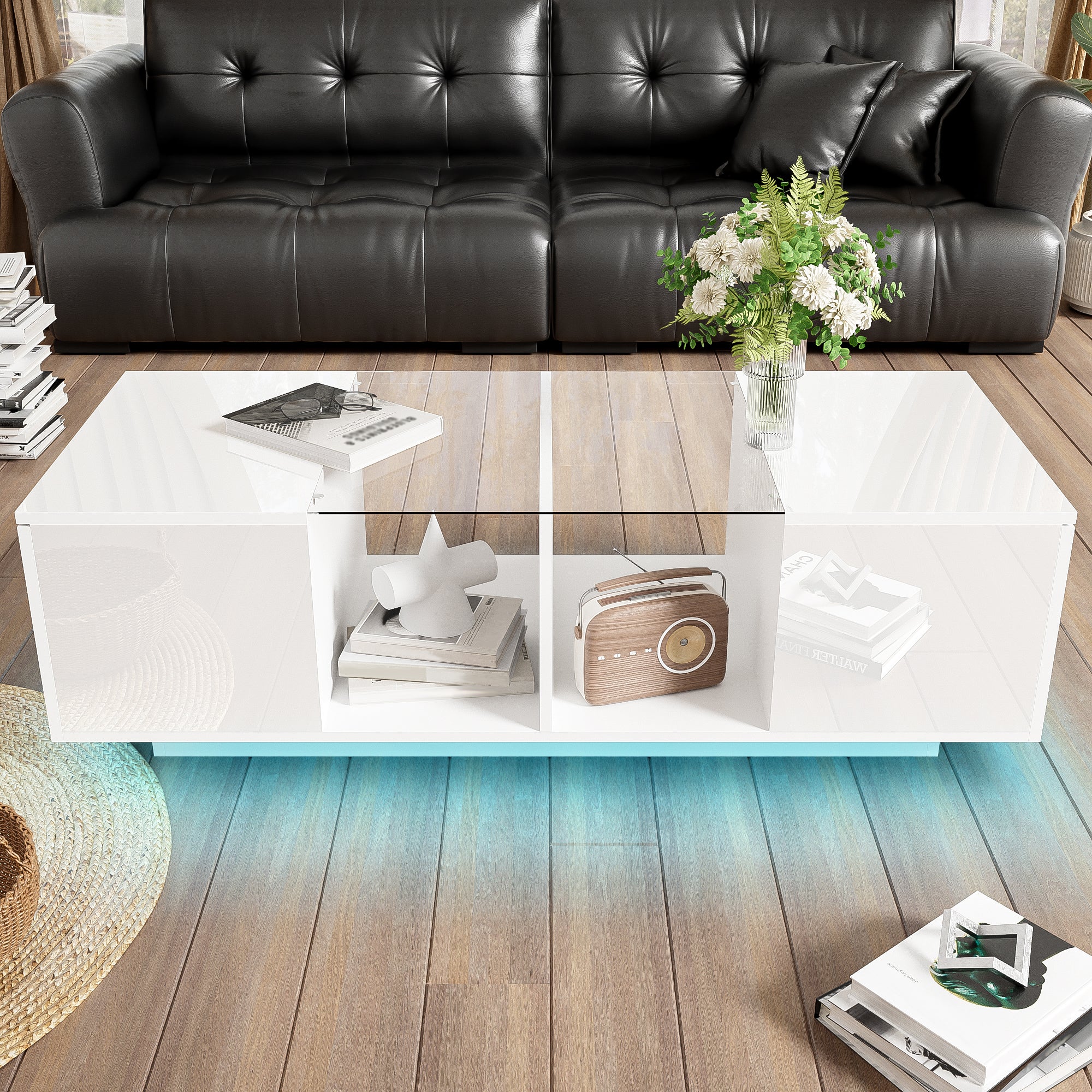 Modern Coffee Table with LED Lighting, High-Gloss, White