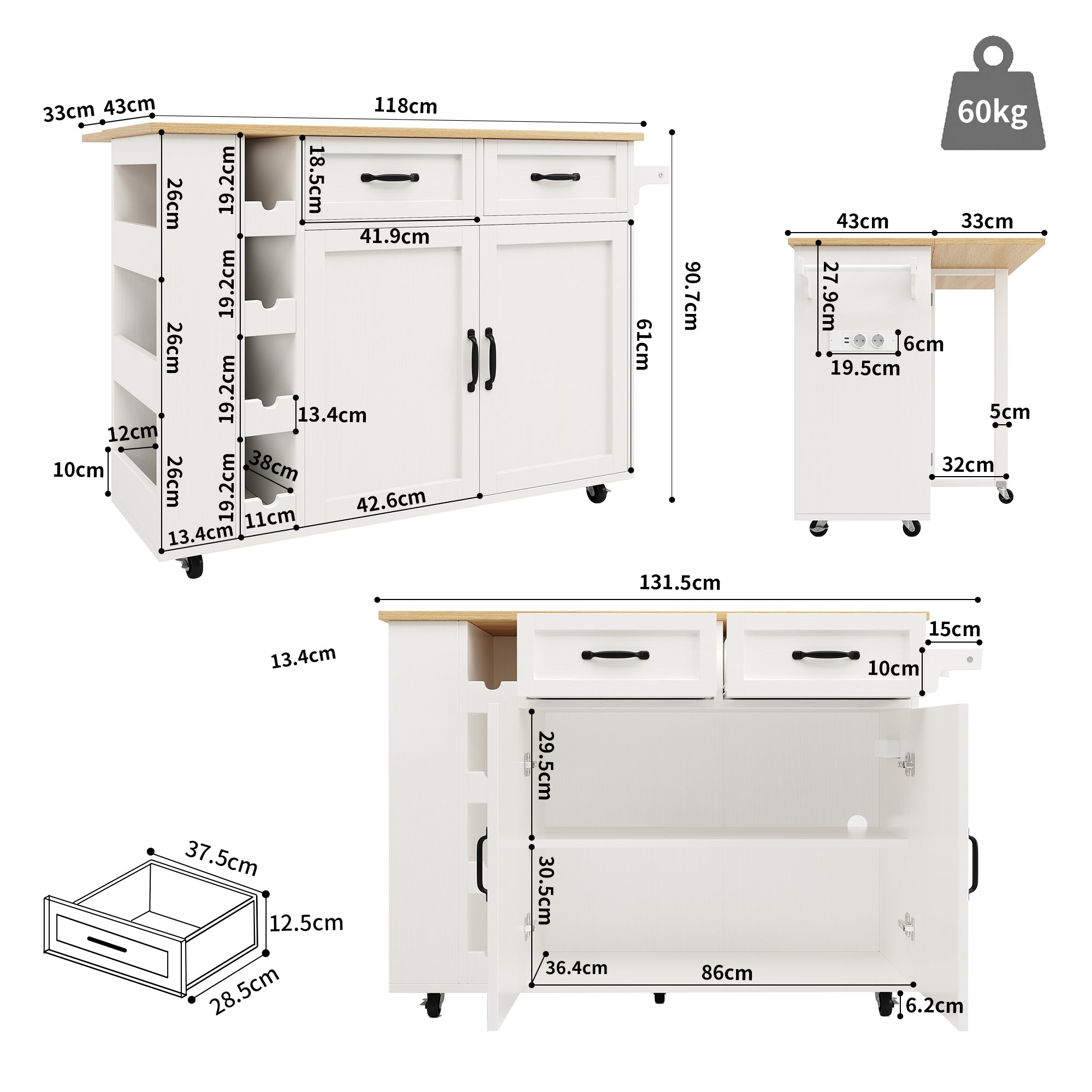 Kitchen Island Serving Cart with Power Strip, Wine Rack, Wood Grain, White