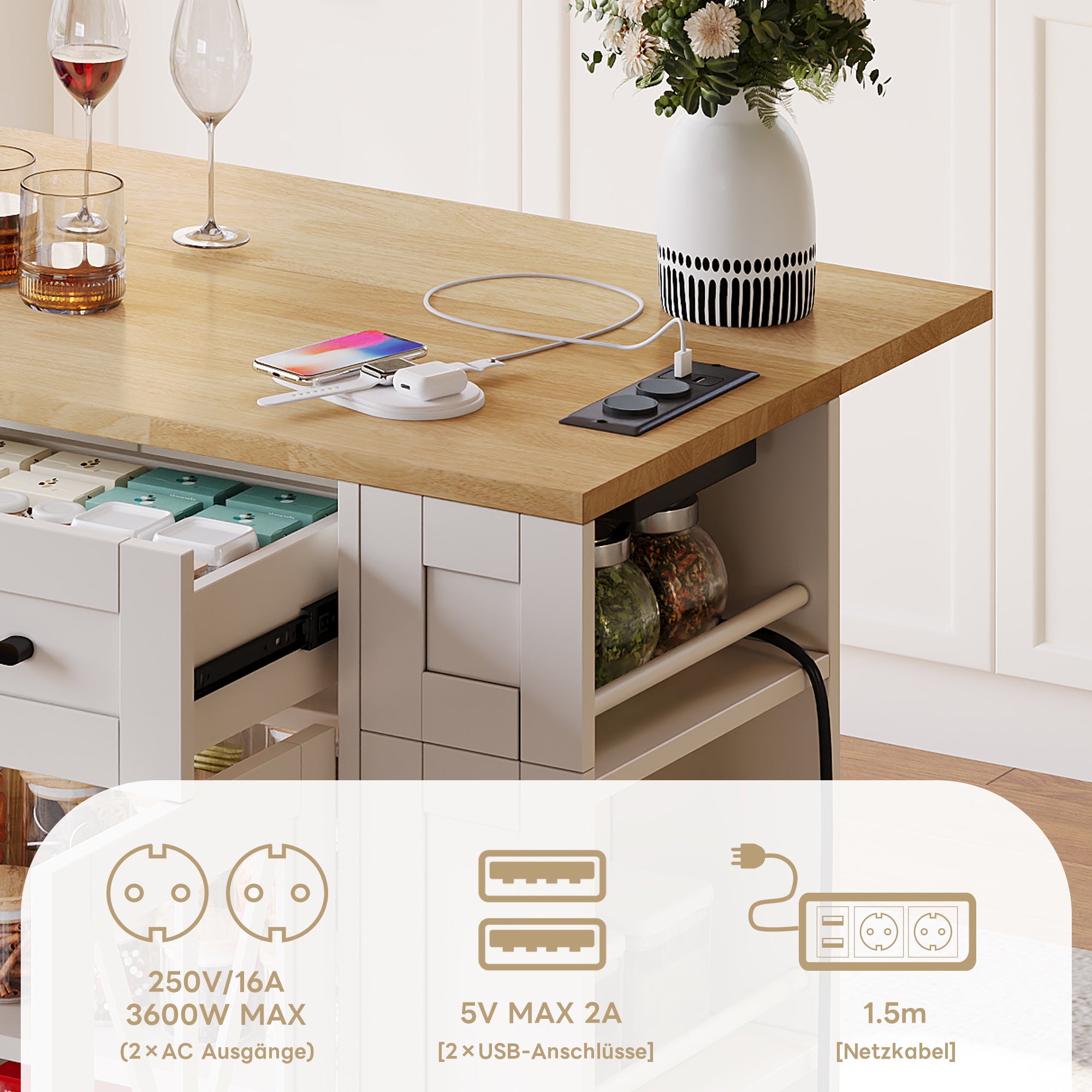 Portable Kitchen Island 120cm Folding Dining Table USB Charging Storage on Casters