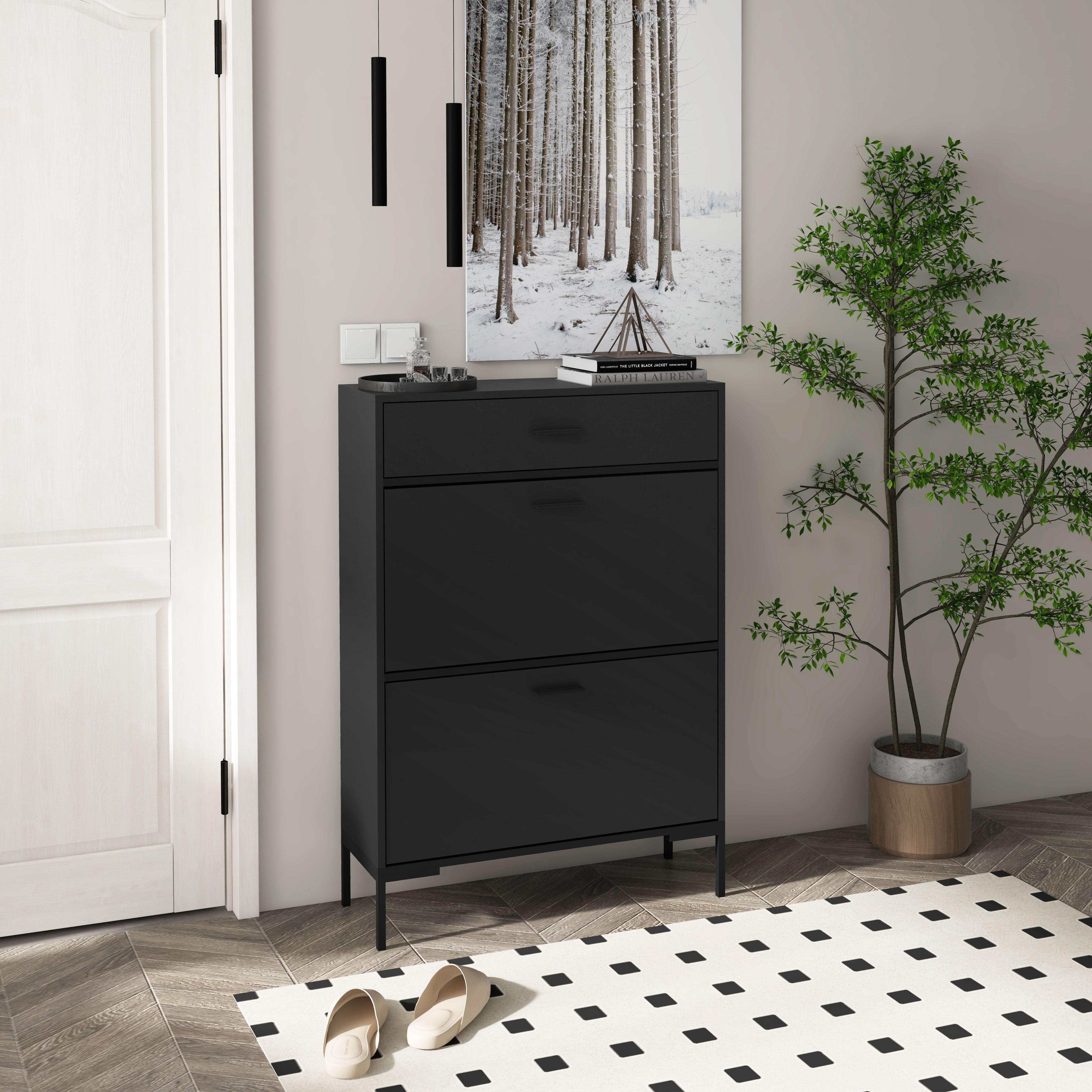 Shoe Storage Cabinet, Slim Three Drawer 12 Pair, Black