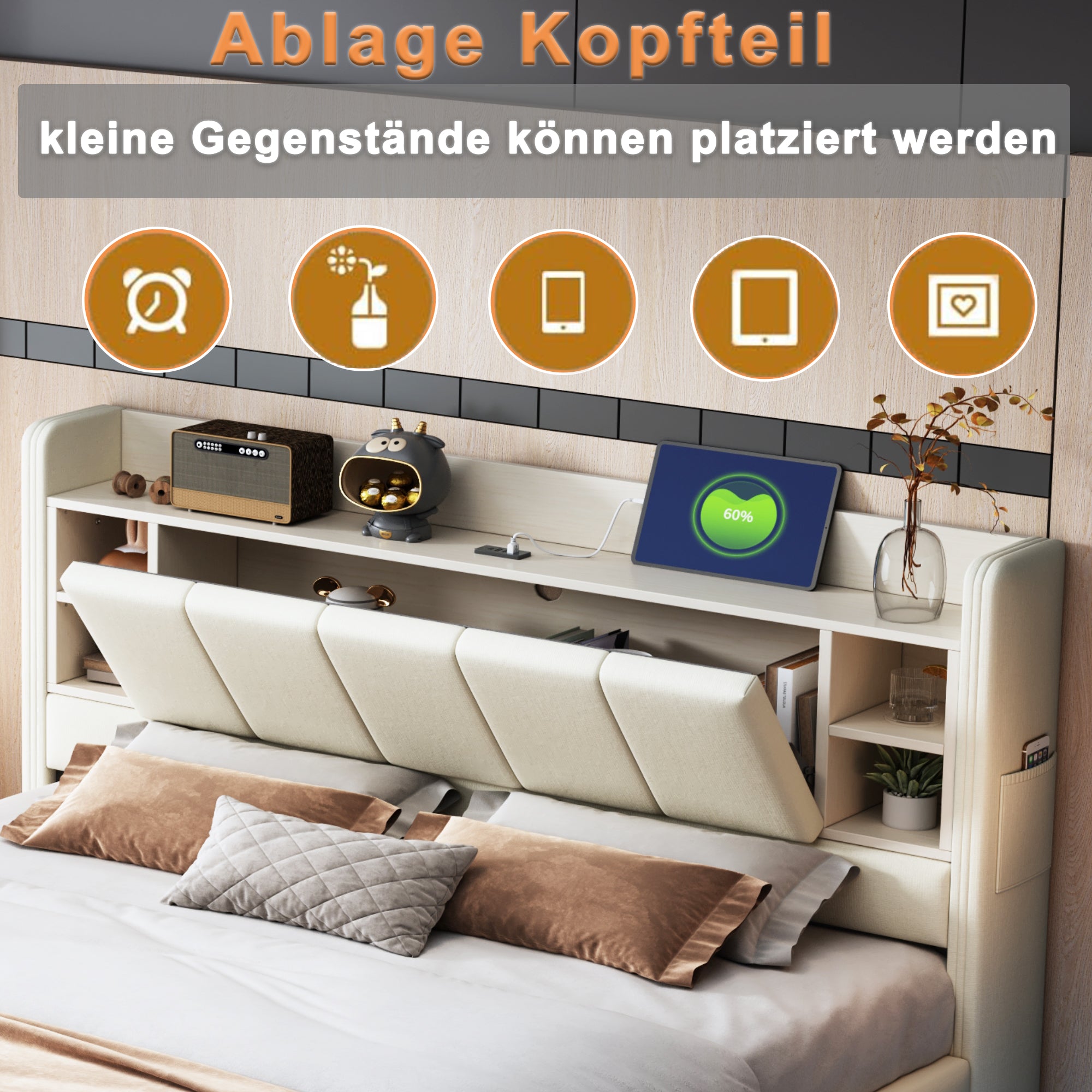 Upholstered Bed 160 x 200 cm, USB Socket, Light Strip, Reversible Headboard, Beige Linen Fabric