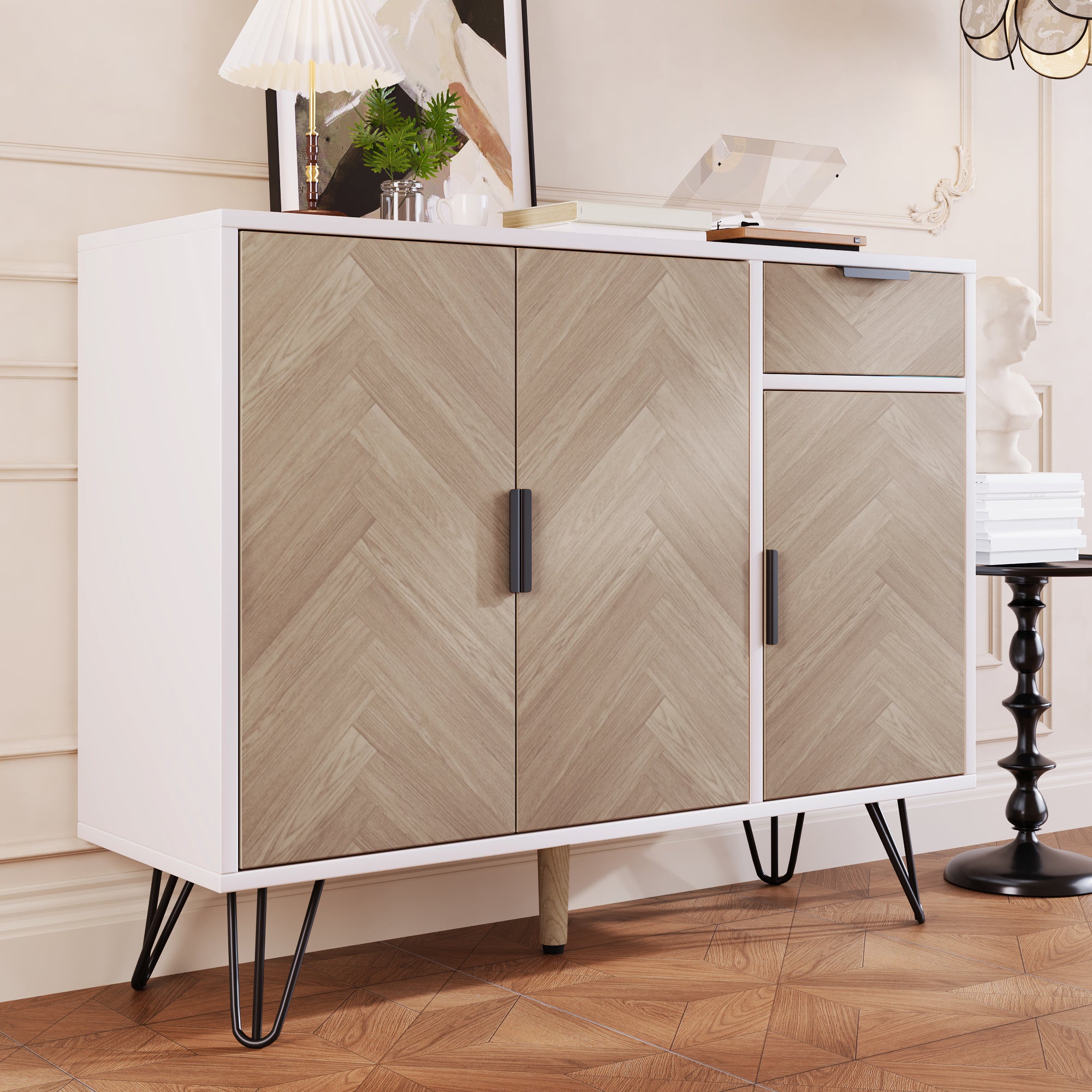 Modern storage cabinet, sideboard with drawer and adjustable shelves, white and wood look