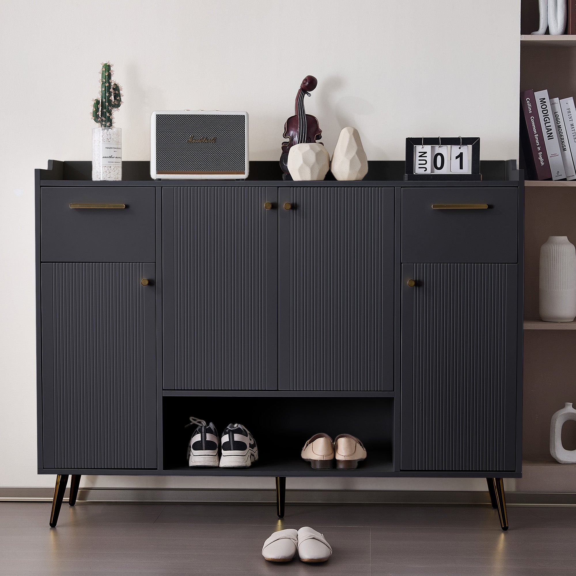 Shoe Cabinet, Shoe Rack with 2 Drawers and 4 Doors, Metal Feet, Black