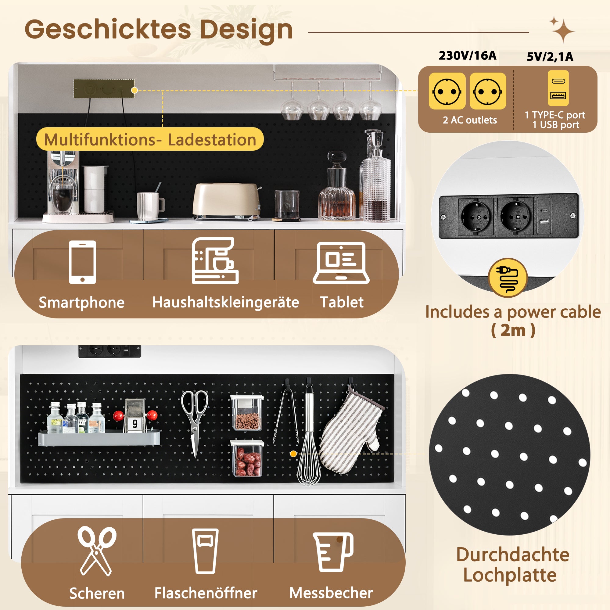 Tall Cabinet Pegboard Wine Glass Holders Sockets Storage Drawers - White