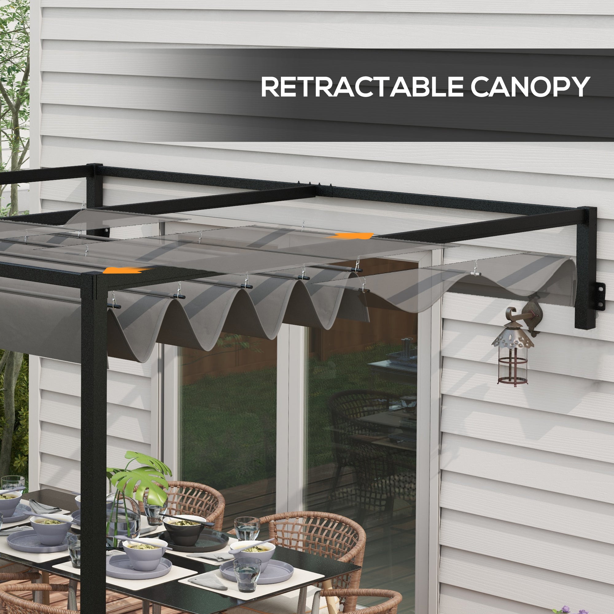 Lean To Steel Pergola, 2 x 3m with Moving Fabric Canopy - Dark Grey