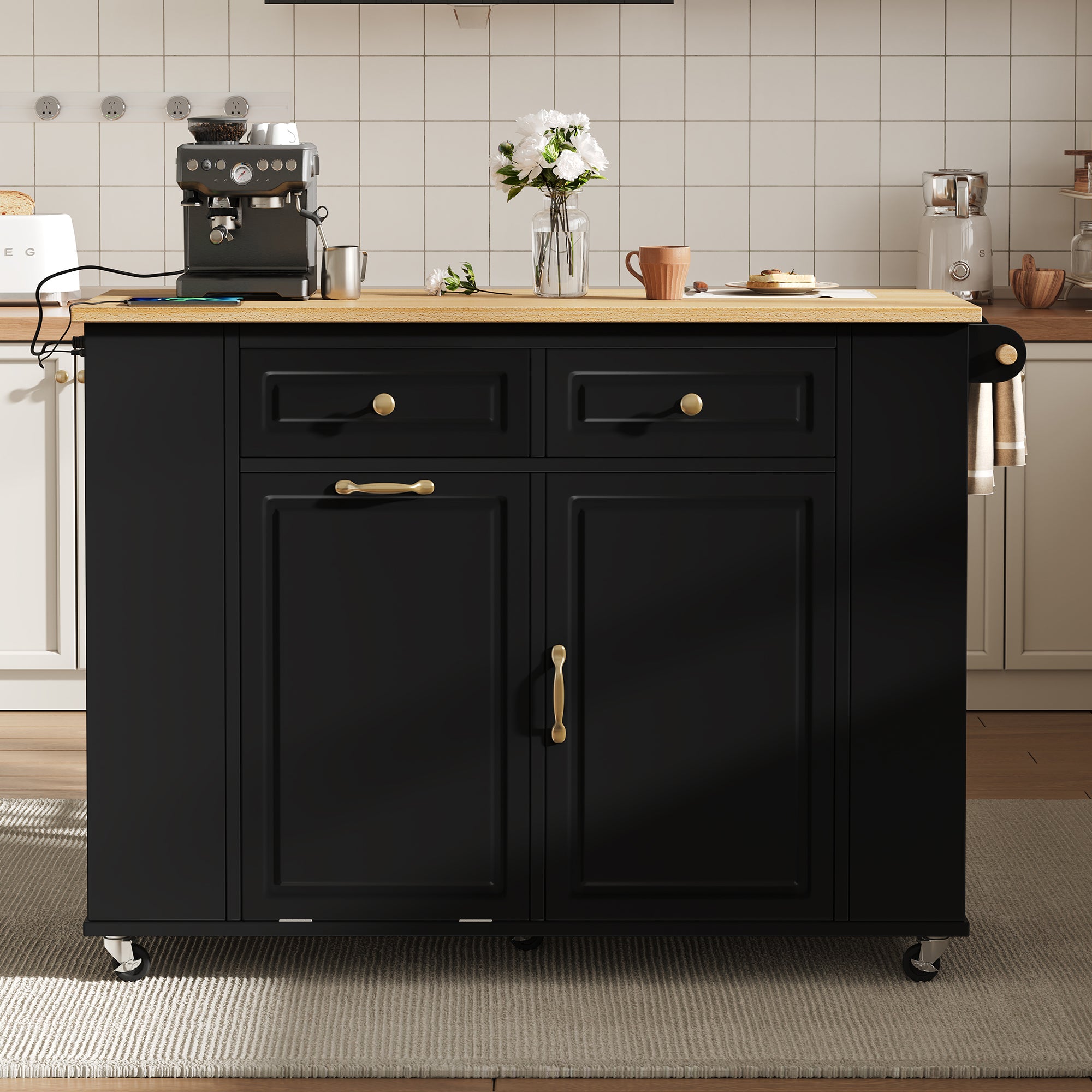 Kitchen Island Mobile Serving Cart Extendable Table Wheels Waste Bin Power Strips Black