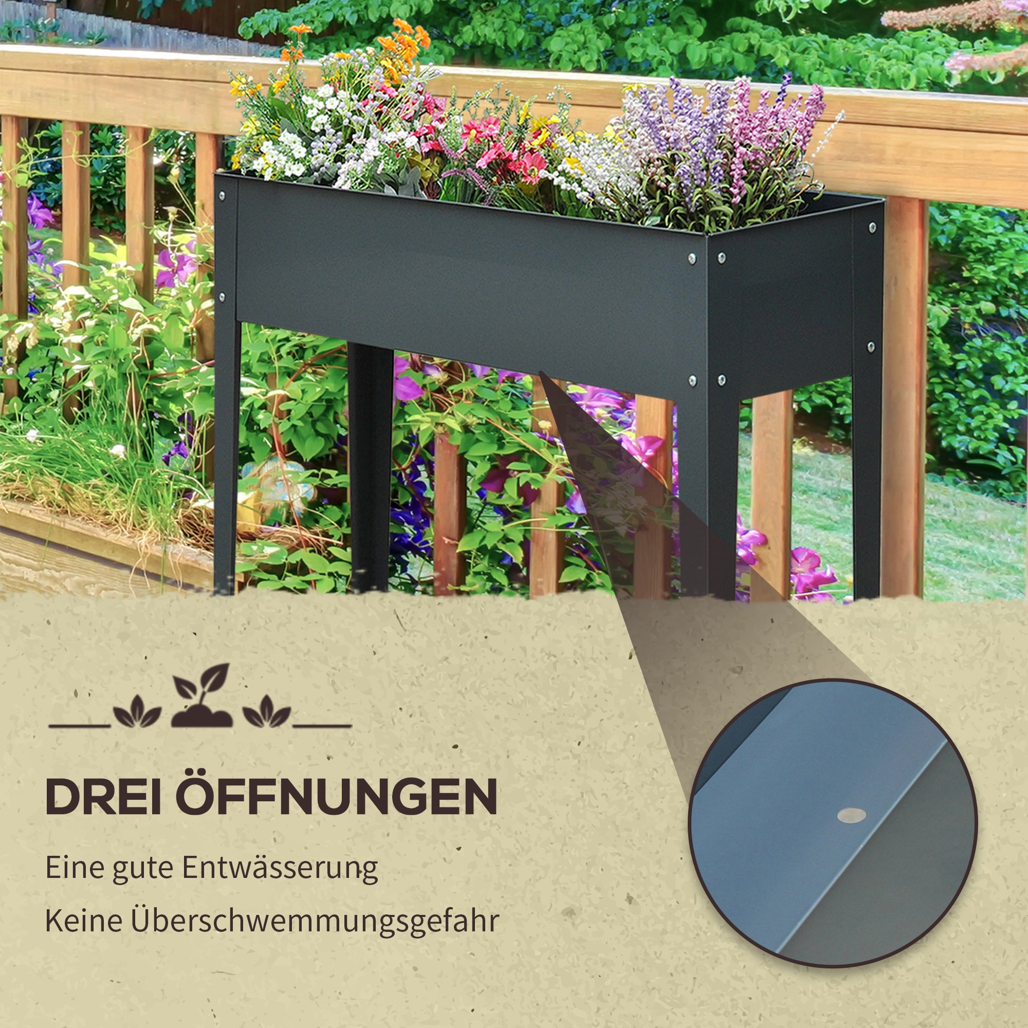 Raised Bed Planter, Herb, Drainage, 100x30x80cm, Metal