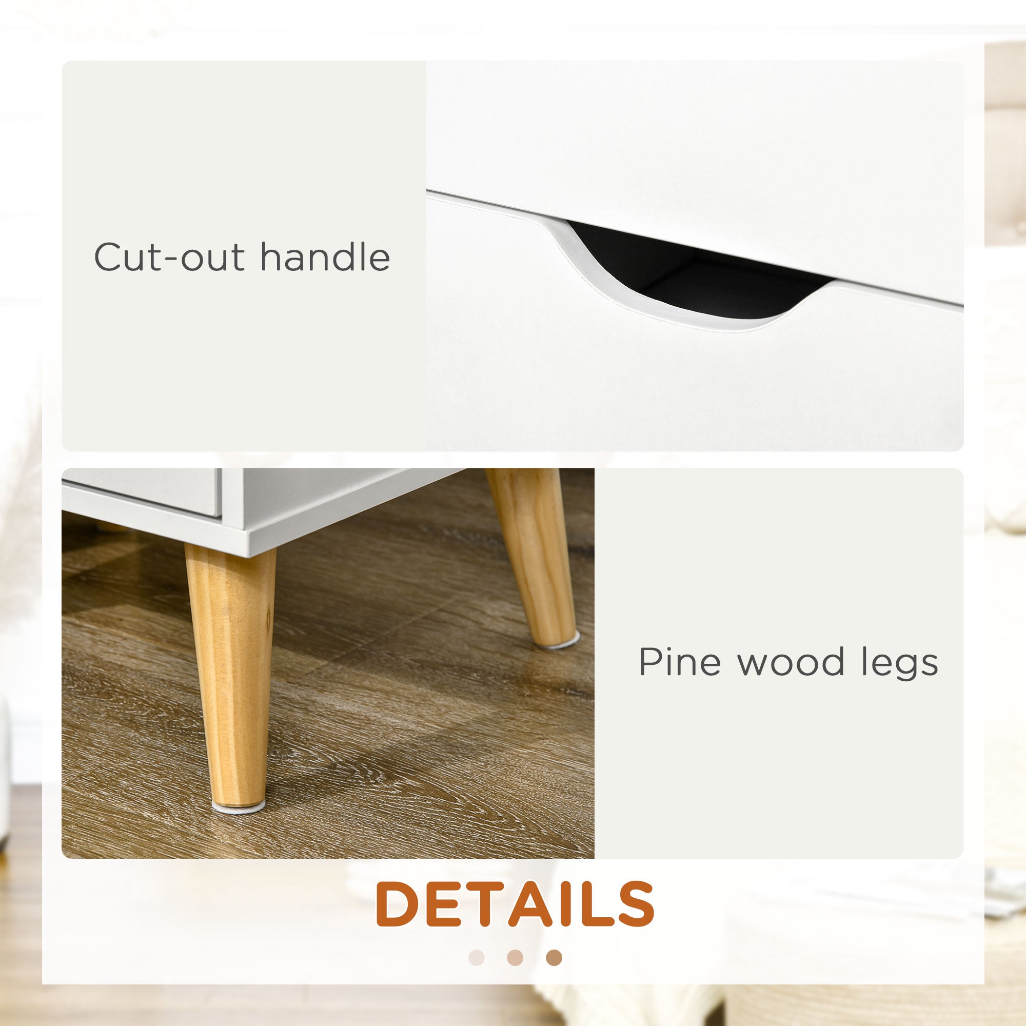 Bedside Table with 2 Drawers, Pine Wood Legs, White