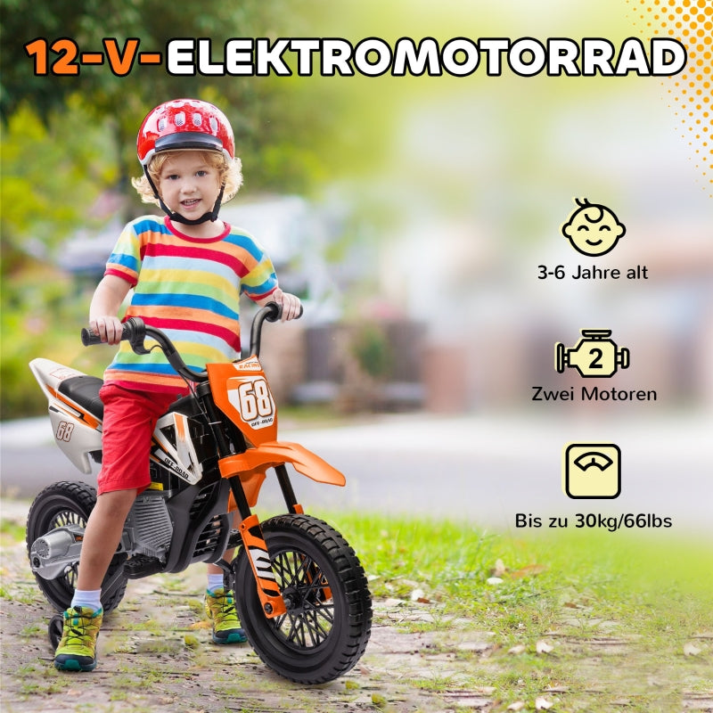 Electric Motorcycle for Children with Music and Training Wheels, 12V, Orange
