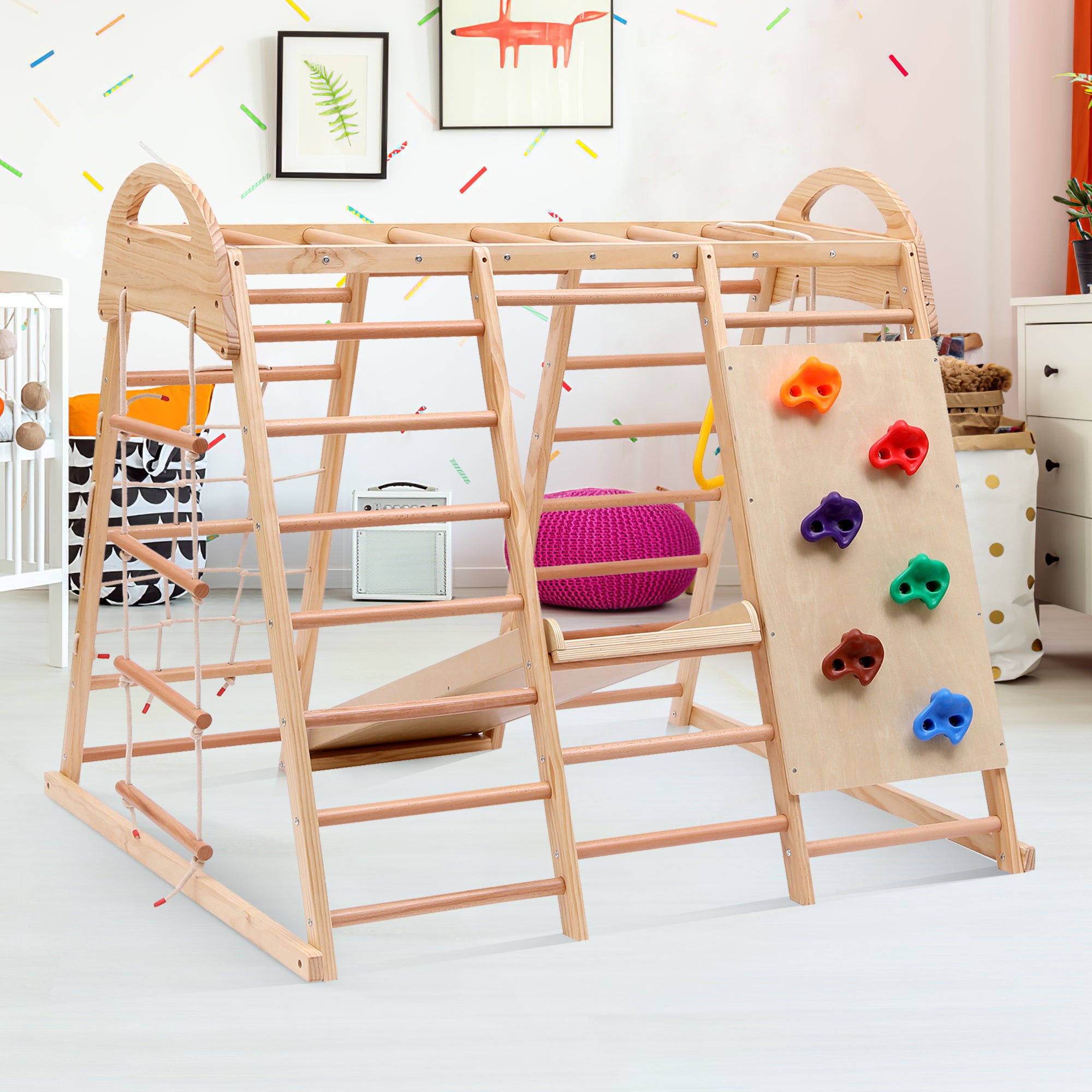 7-in-1 multifunctional climbing frame, solid wood plywood and beechwood