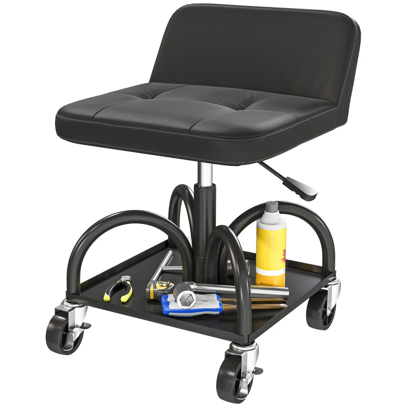 Workshop Stool with Wheels, Storage & Lumbar Support, 135 kg Load Capacity, Black