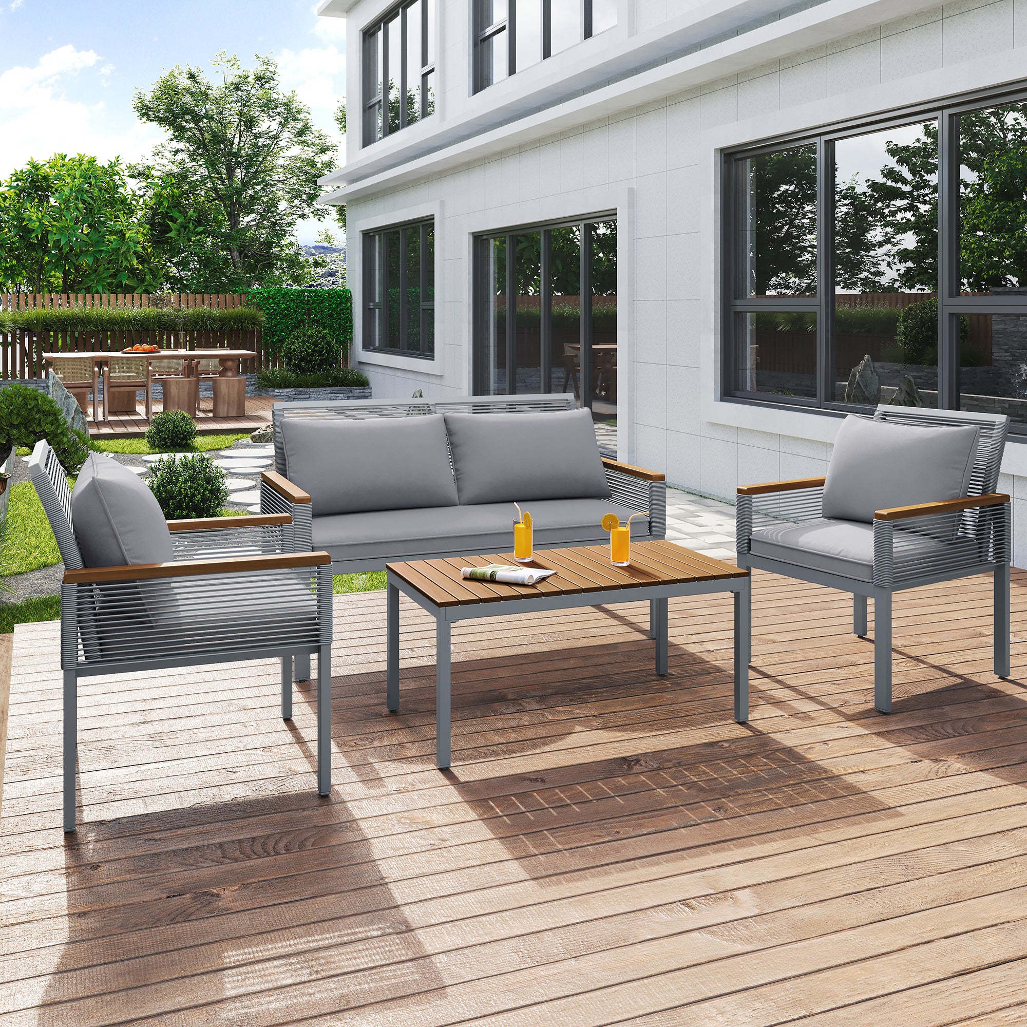 Garden Lounge Set with Double Sofa and 2 Armchairs, Grey Rattan