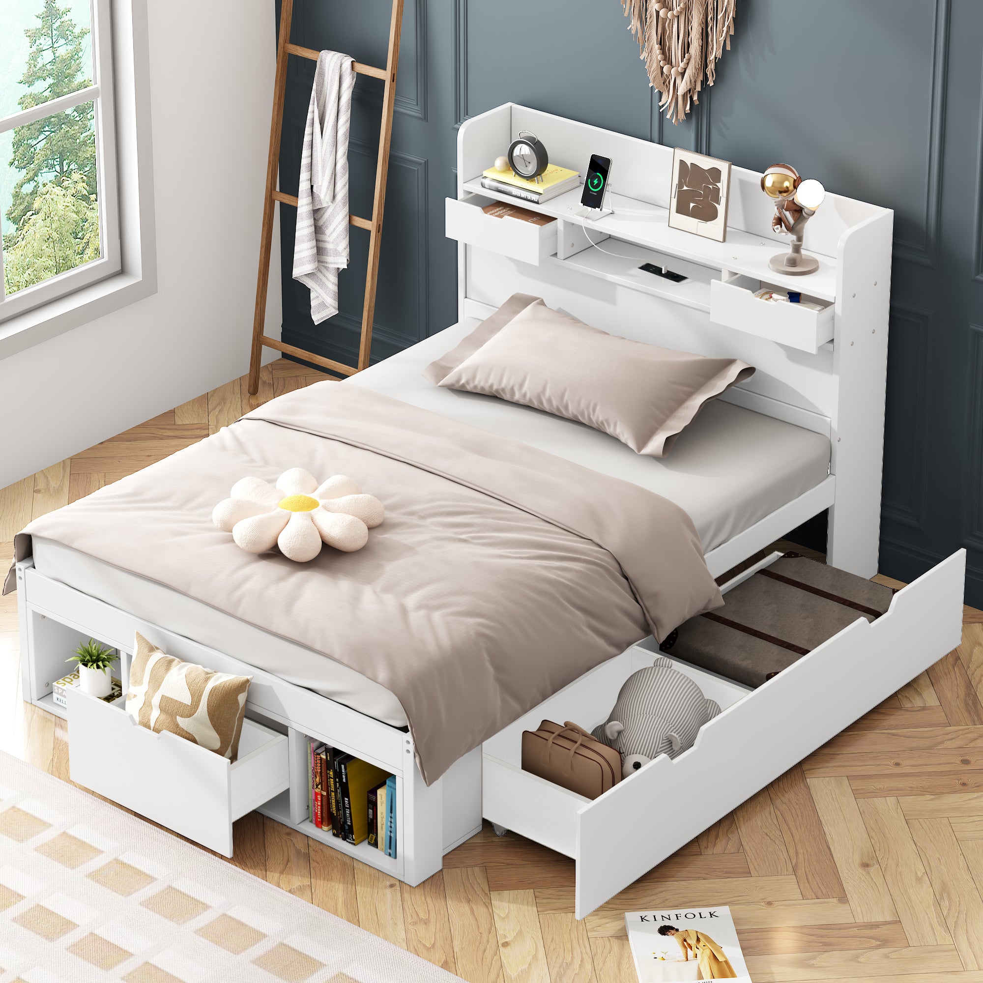Children's Bed Single Daybed 3FT with USB Port Drawers Storage Cabinet, White