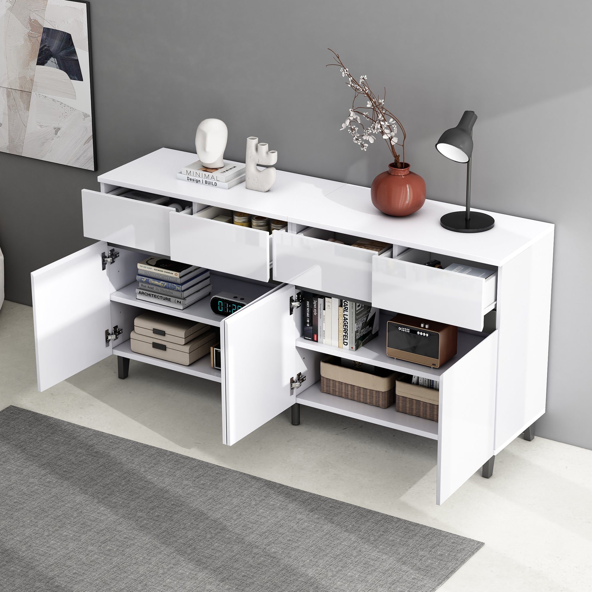 N625P228826849W Sideboard with 4 Drawers, 2 Doors & Adjustable Shelves, High-Gloss White