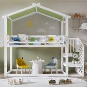 Bunk Bed with Decorative Canopy, Corner Staircase & Picture Bookshelf, 3ft 90x190cm, MDF Pinewood Plywood, White + Green