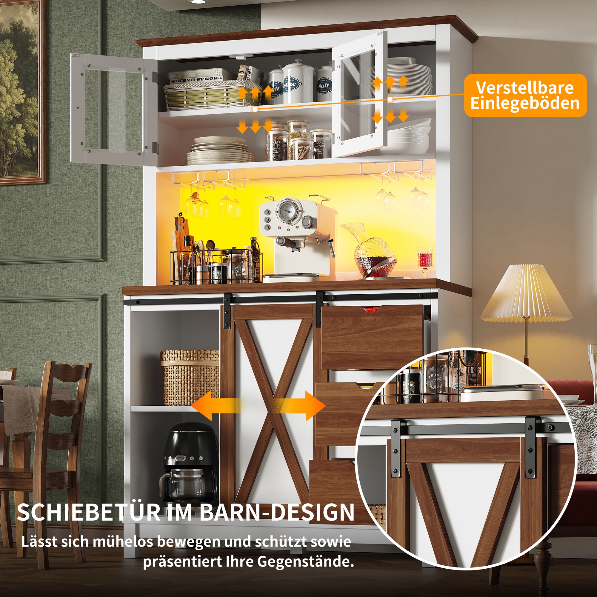 Modern Tall Cabinet with LED Lighting, App Control and Sliding Door, White