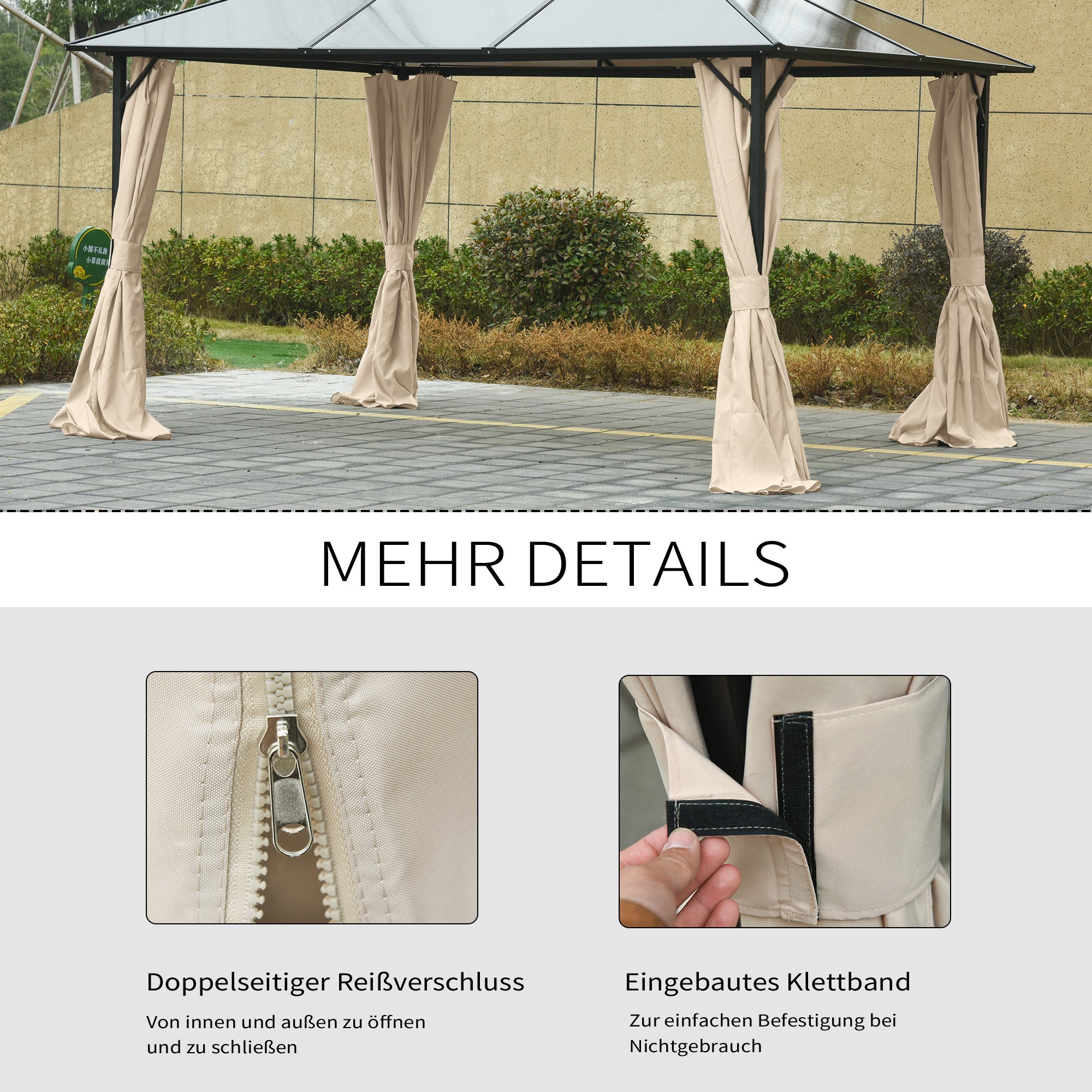Pavilion Party Tent 3x4m with 4 Side Panels, Polyester Beige
