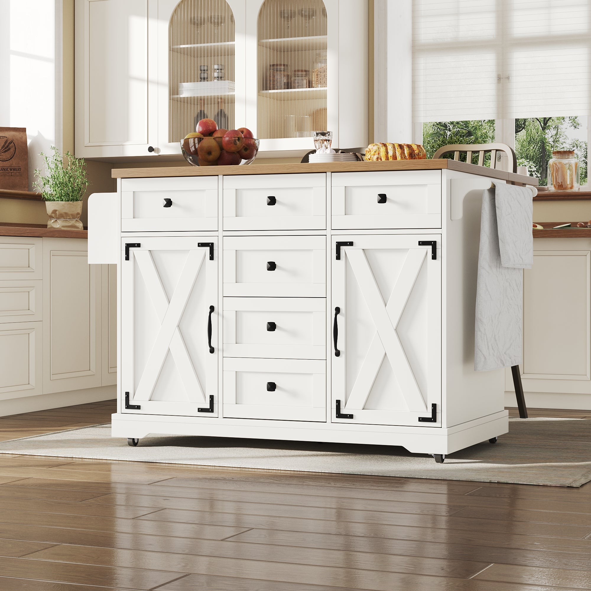 Kitchen Island Serving Trolley - Storage Wood Grain - White