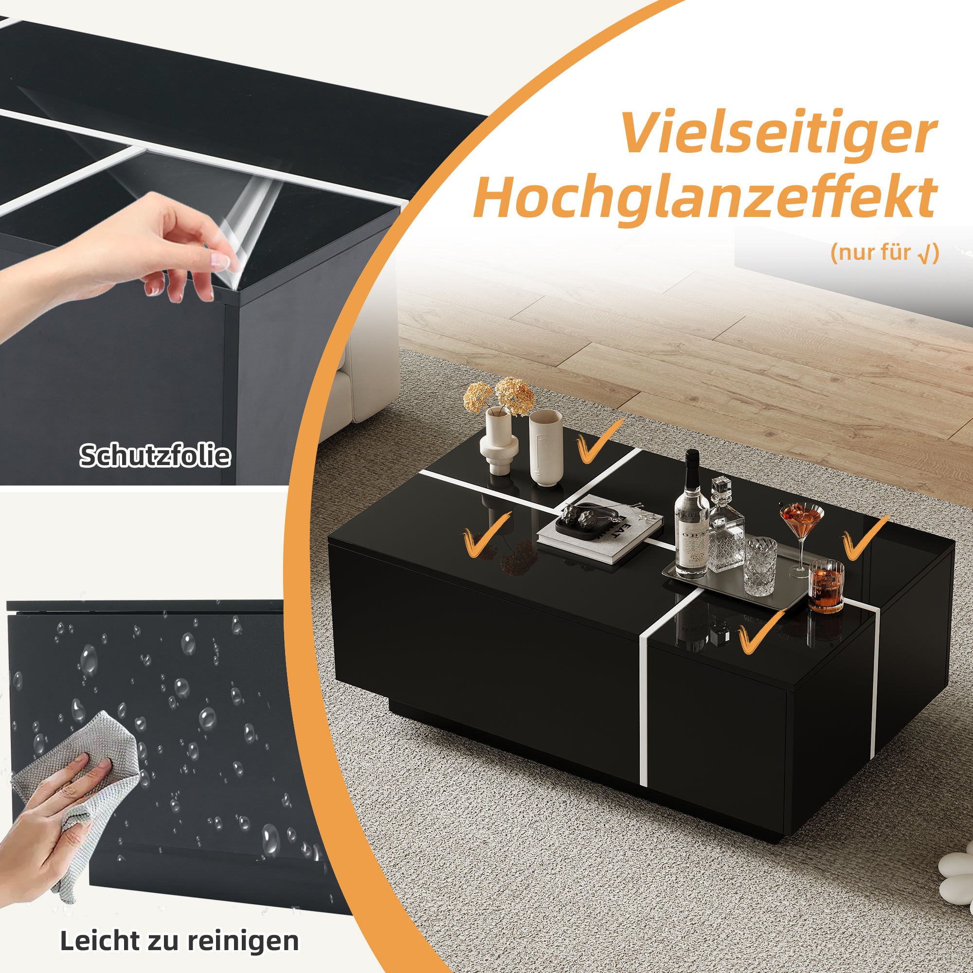 Coffee Table, Modern Square with 4 Drawers & Sliding Top, Black High-Gloss