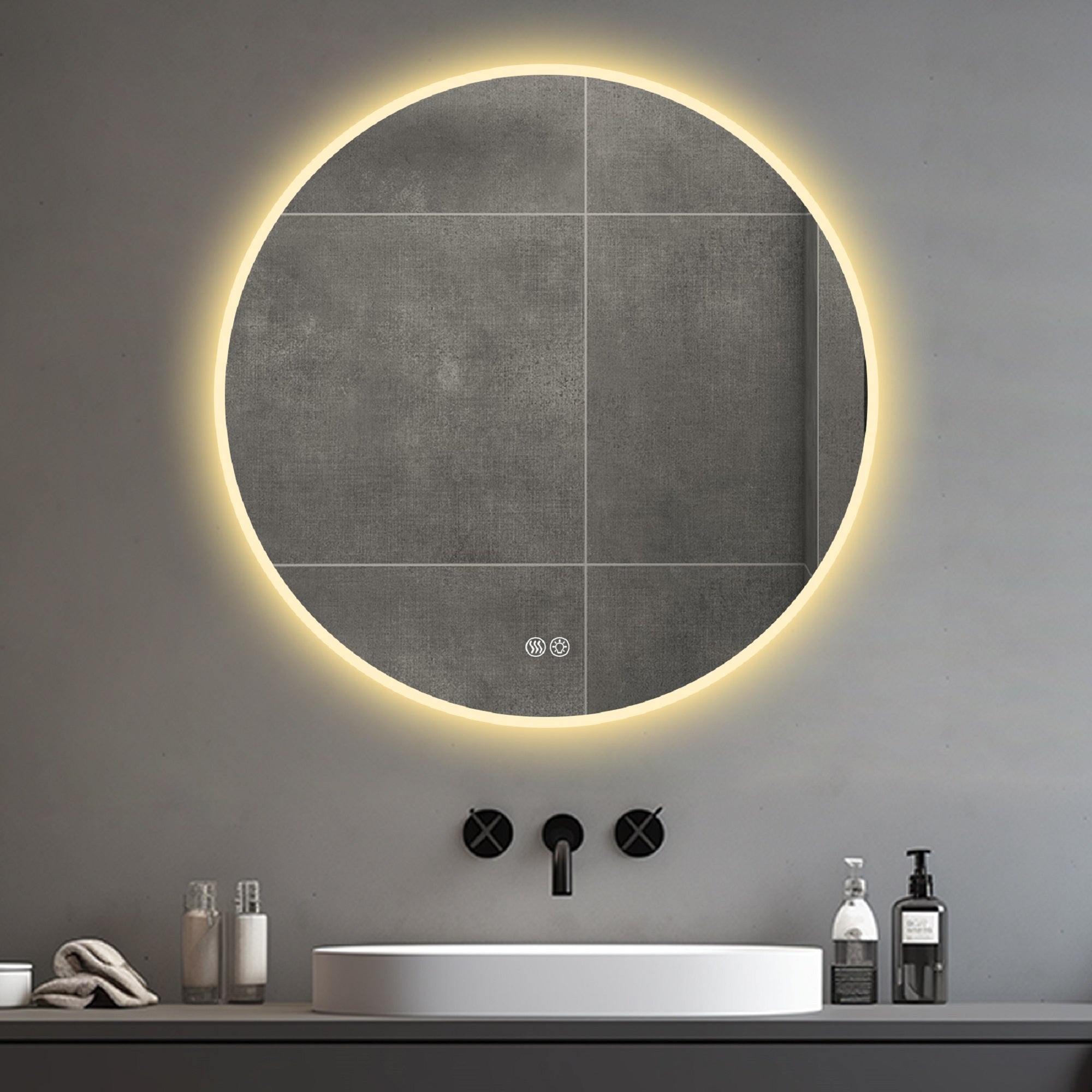 80cm Round LED Bathroom Mirror, Anti-Fog, Dimmable Light, Wall Mount
