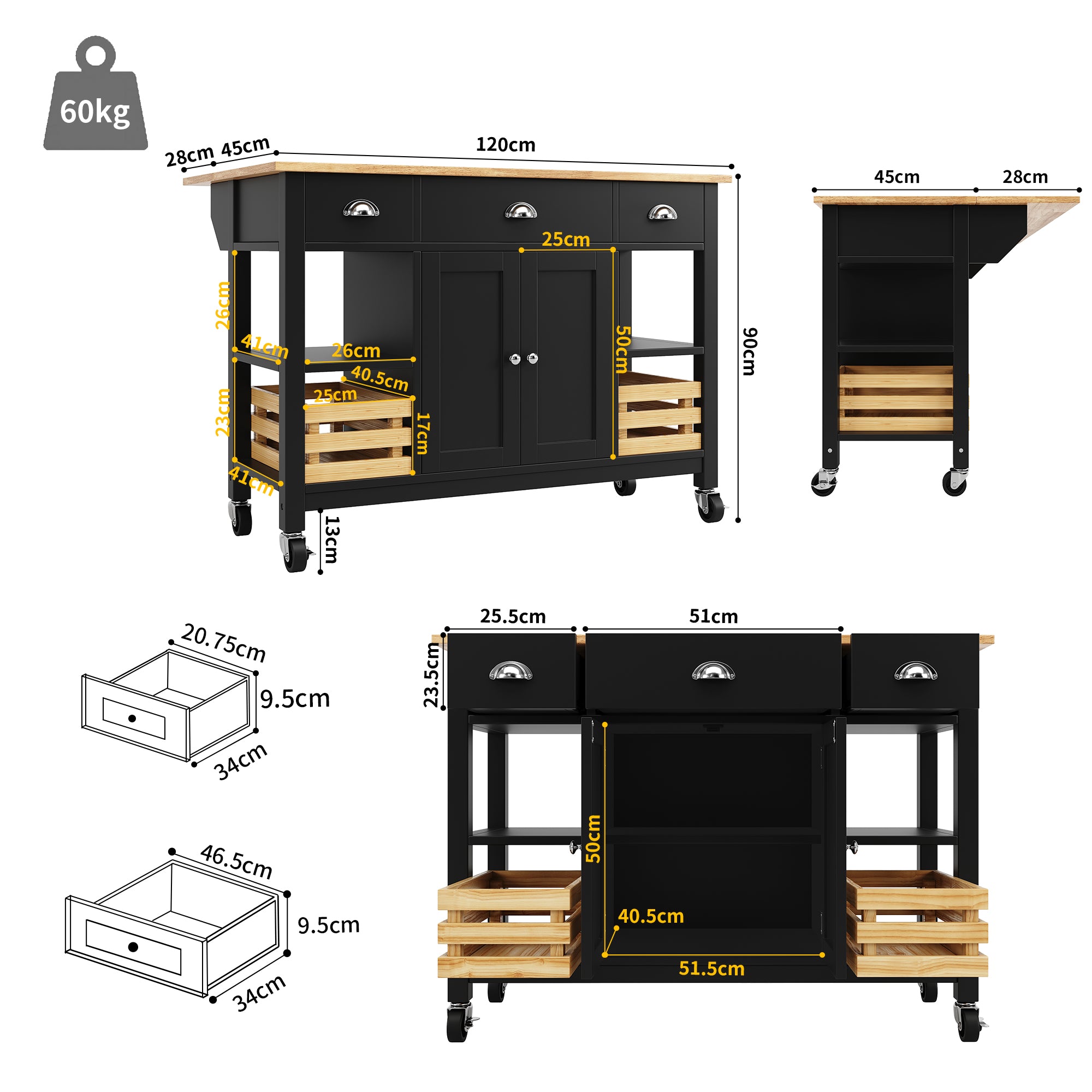 Kitchen Island 120x45x90cm Multifunctional Dining Cabinet Storage Basket - Black
