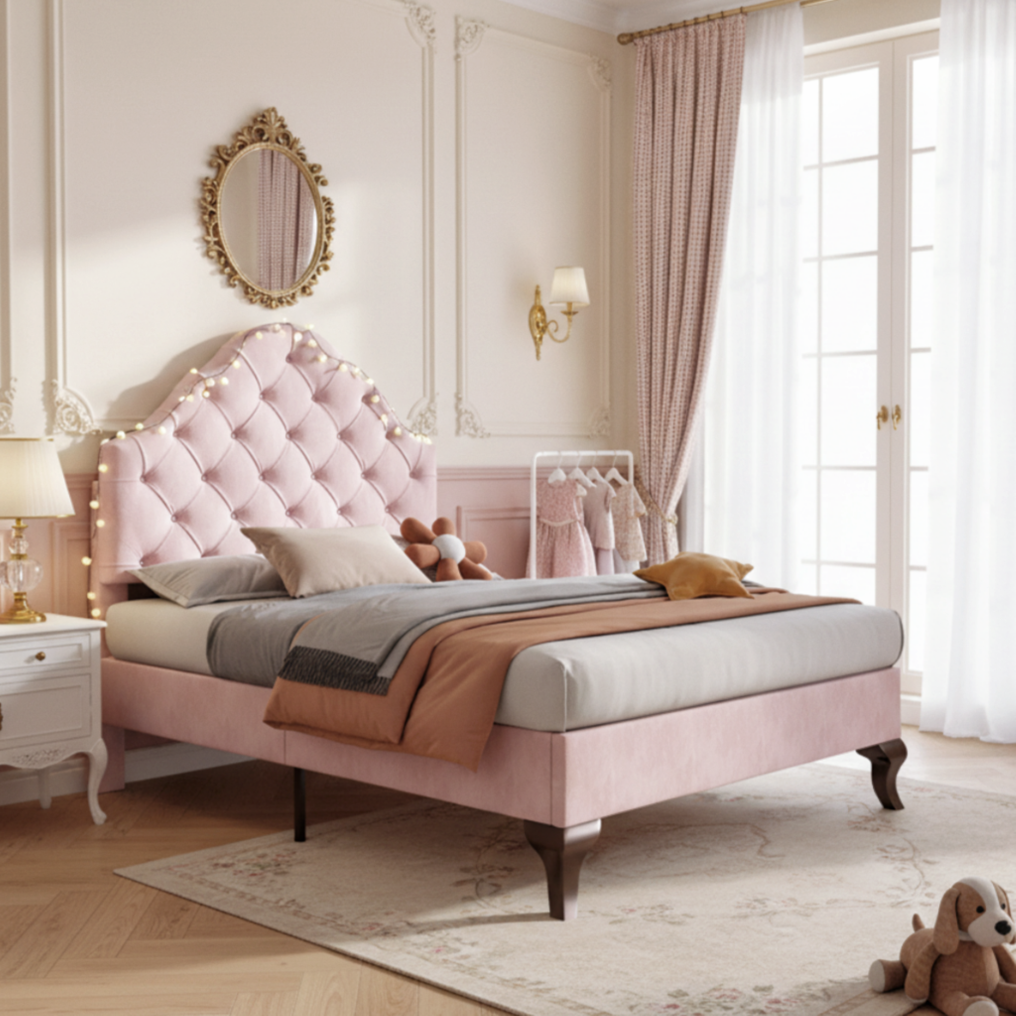 Upholstered Single Bed 90x200 Height-Adjustable Headboard Slatted Base Velvet Pink