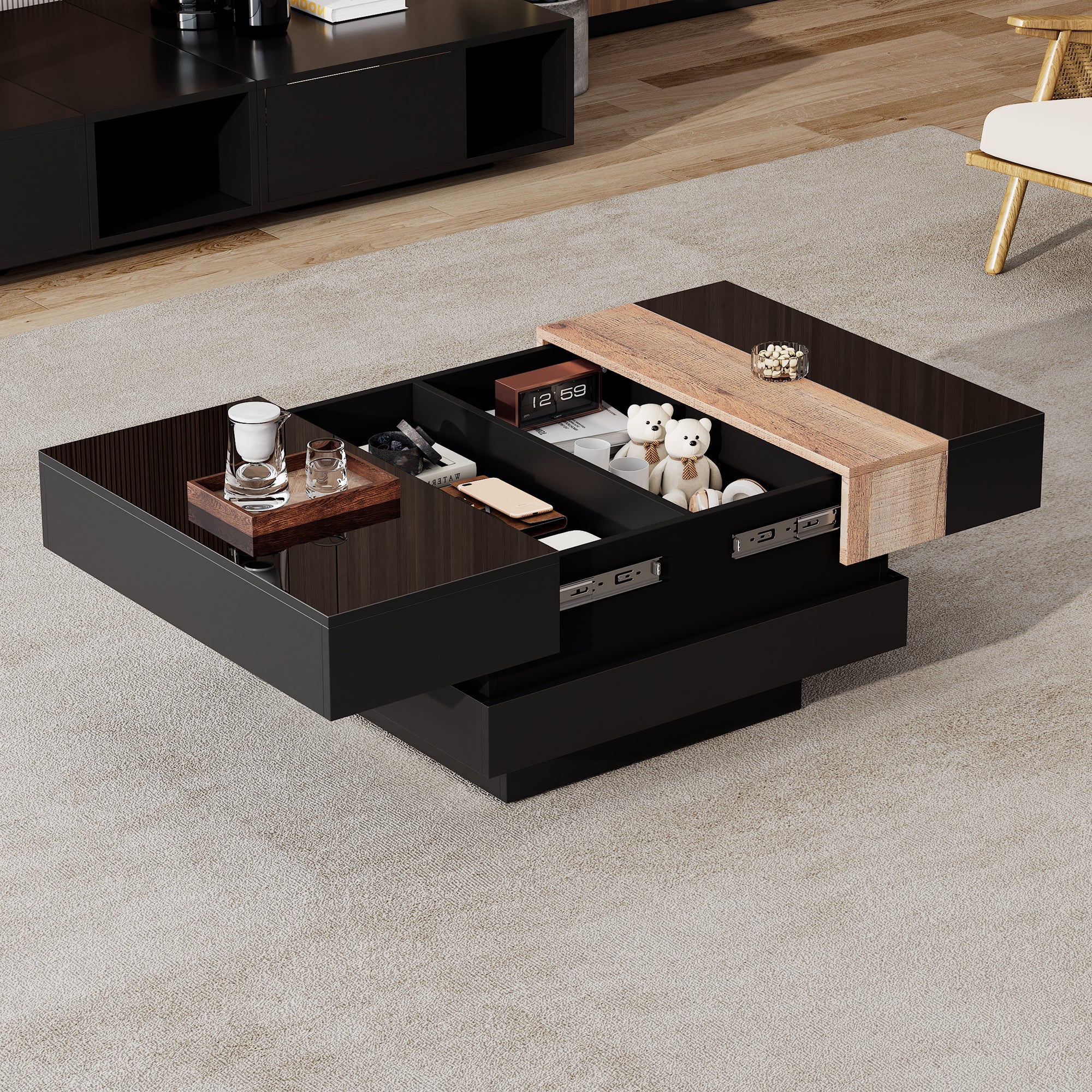 Extendable Coffee Table Hidden Storage High-Gloss - Black