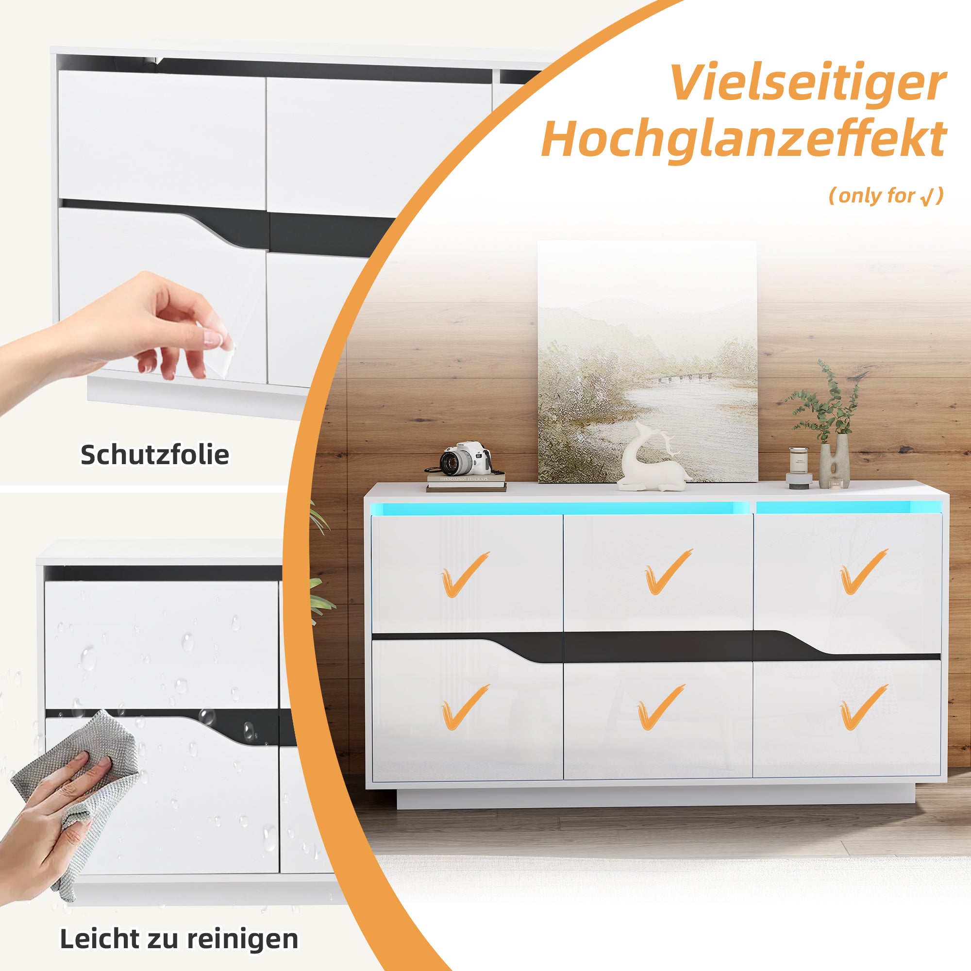 Sideboard, Living Room 140x40x76cm with 3 Doors, Adjustable Dividers, LED, White & Black